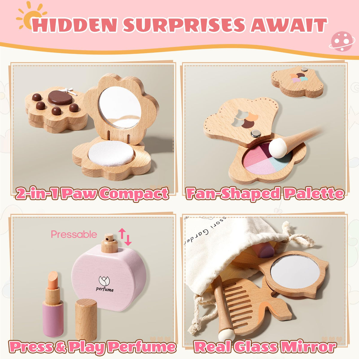 Brownroot Wooden Pretend Makeup Kit Toy Set for Girls with - BROWNROOT Official Imagery - 4