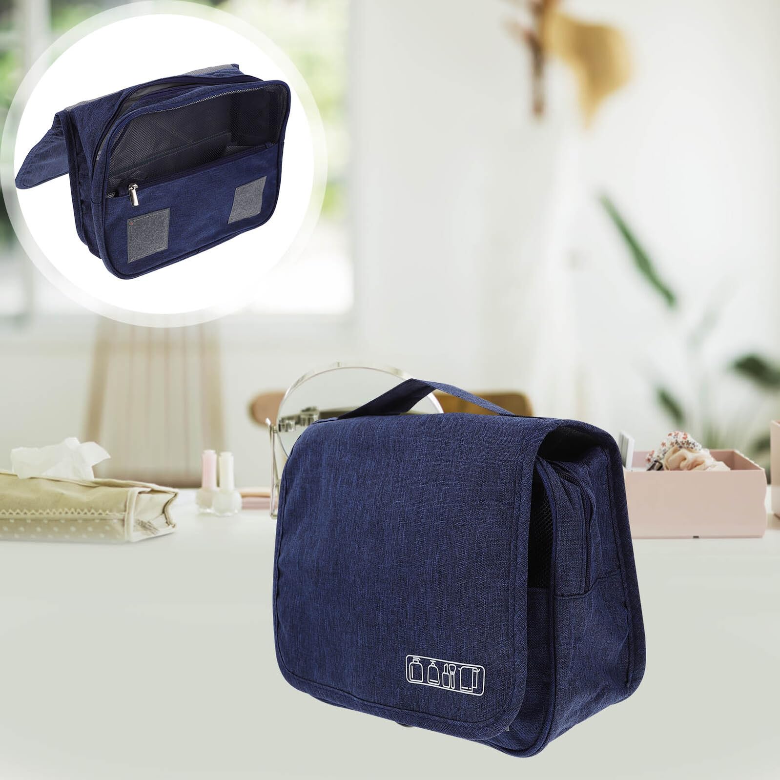 WOFASHPURET Travel Toiletry Bag for Women, Foldable Waterproof Makeup Organizer Pouch, Portable Cosmetic Storage Bag for Travel and Bathroom Use, Matte Navy