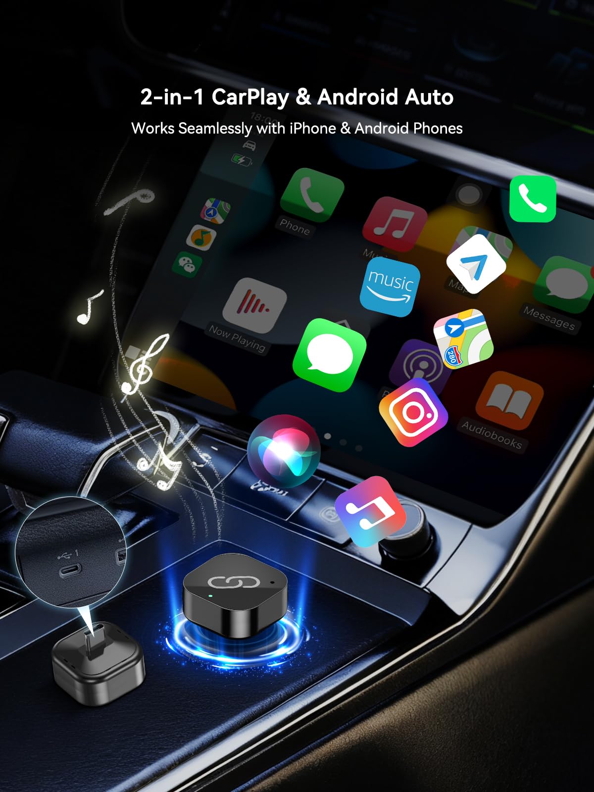 Hyphoon 2-in-1 Wireless CarPlay Adapter USB C for Factory Wired C by Hyphoon - Angle View 2