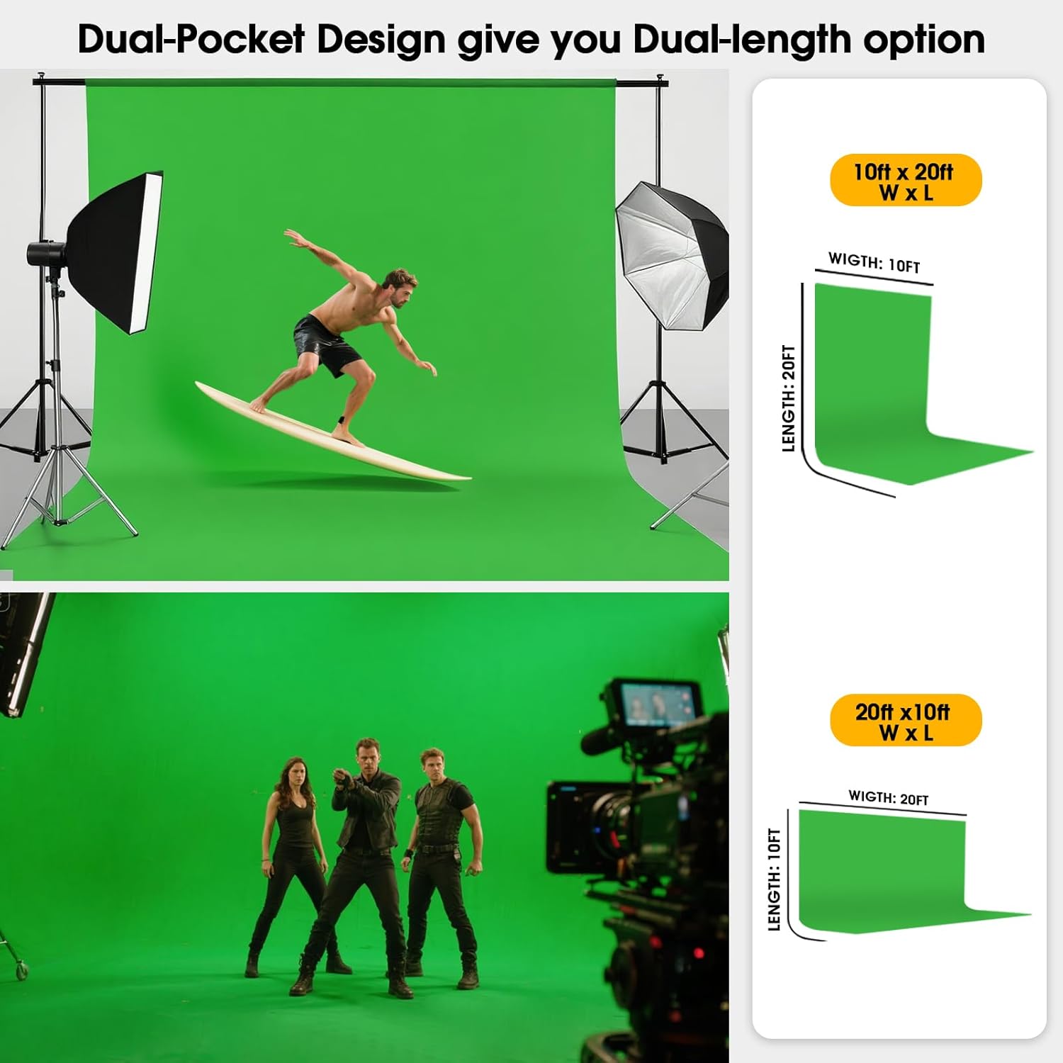 CPLIRIS 10x20ft green screen backdrop for photography with dual-size and dual-pocket design, suitable for studio or outdoor shoots