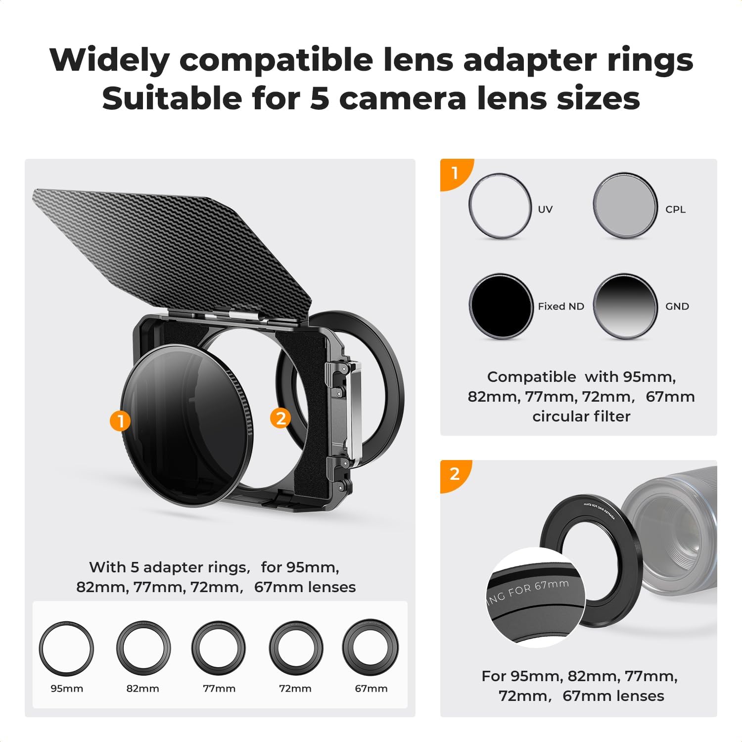 K&F CONCEPT DSLR camera matte box with carbon fiber top flag for lens shading and filter control.