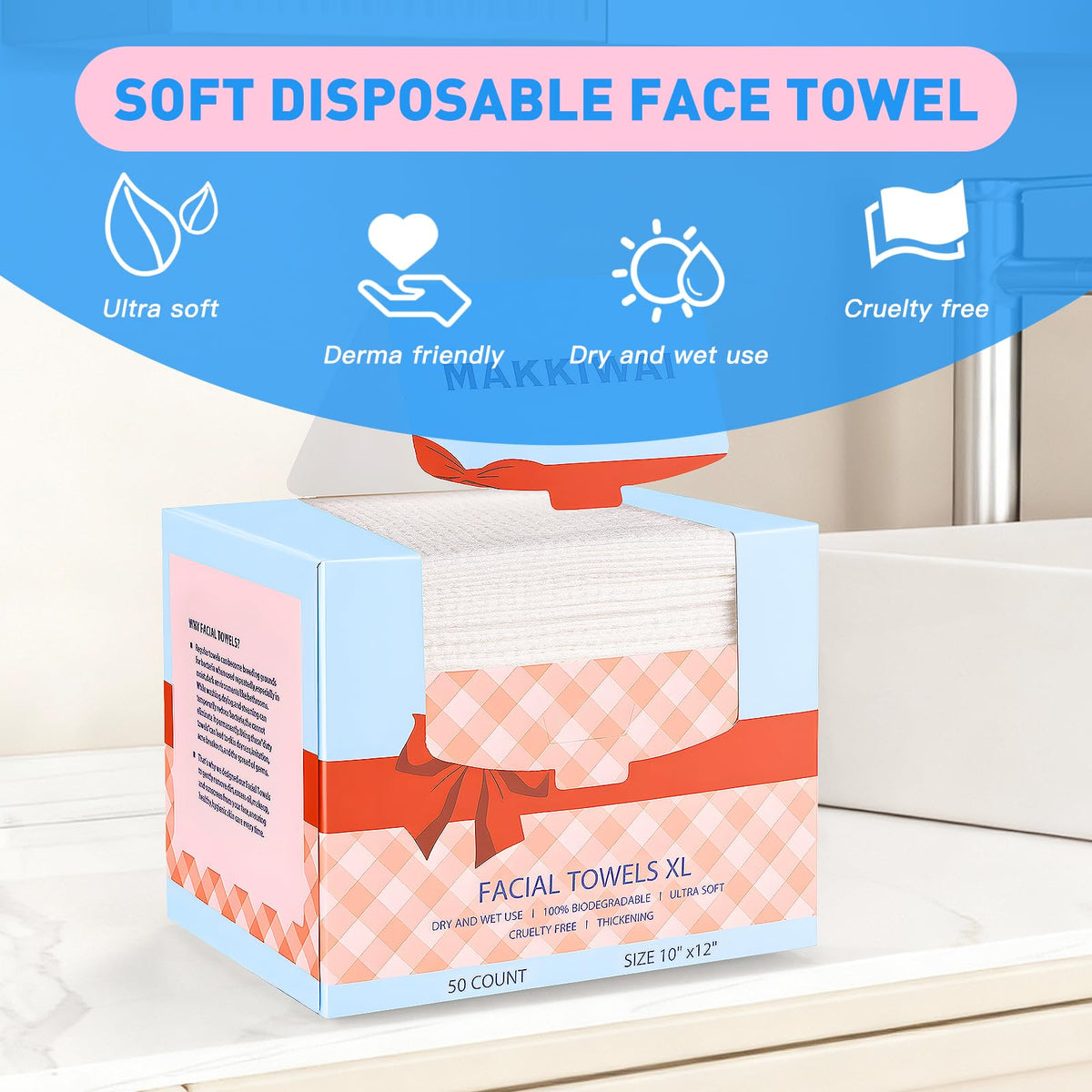 XL Face Towels Plant Fiber Makeup Wipes 2 Pack 100 Count - MAKKIWAI Official Imagery - 3