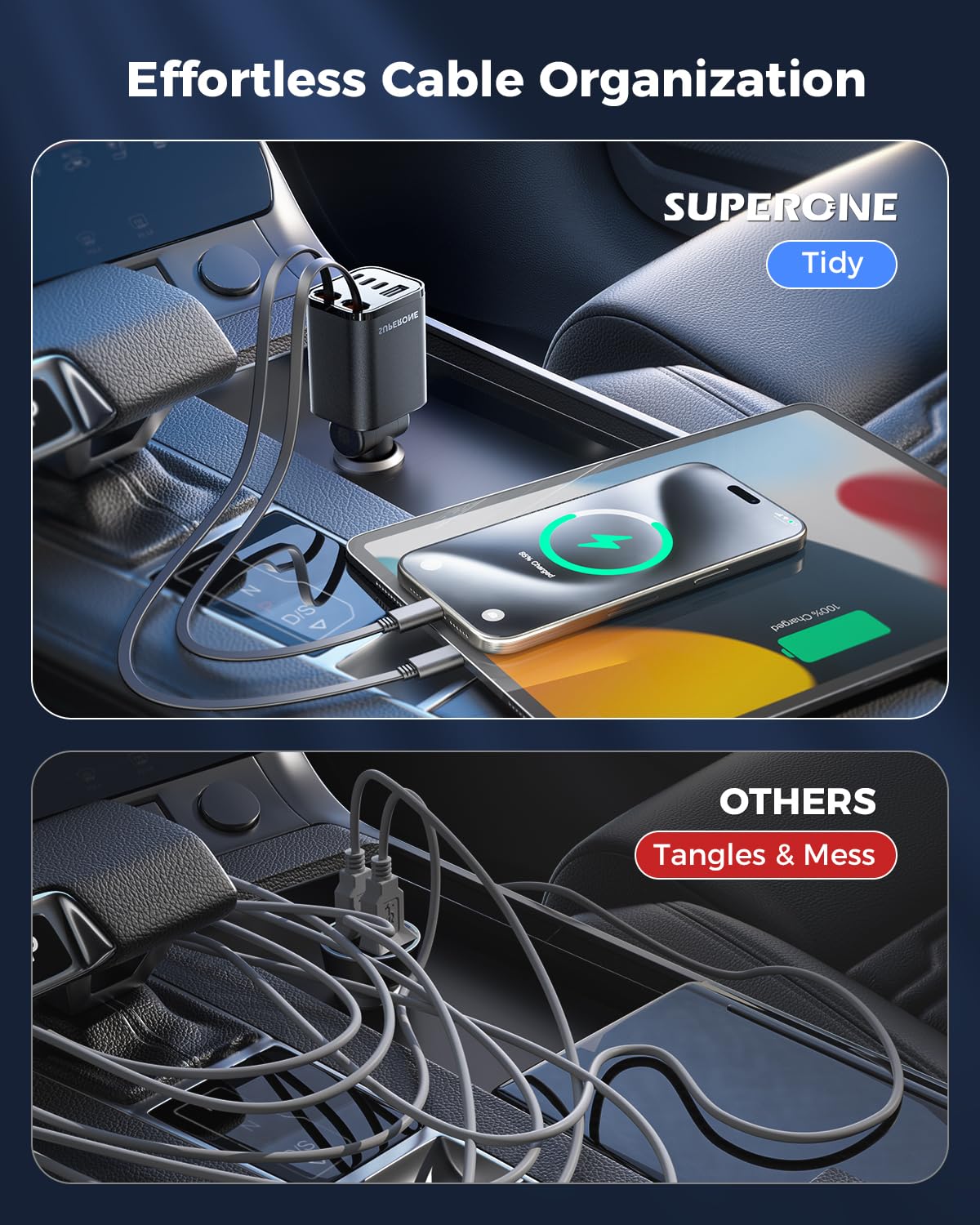 Retractable Car Charger, SUPERONE 99W Car Phone Charger with Dual by SUPERONE - Angle View 2