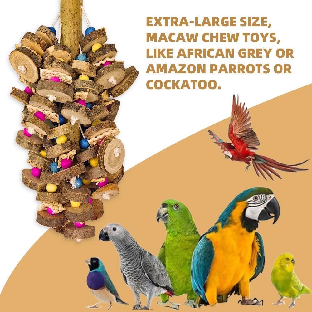 Large multicolored wooden block parrot toy for parrots, 19.7 inches, made of natural wood, designed for bird enrichment.