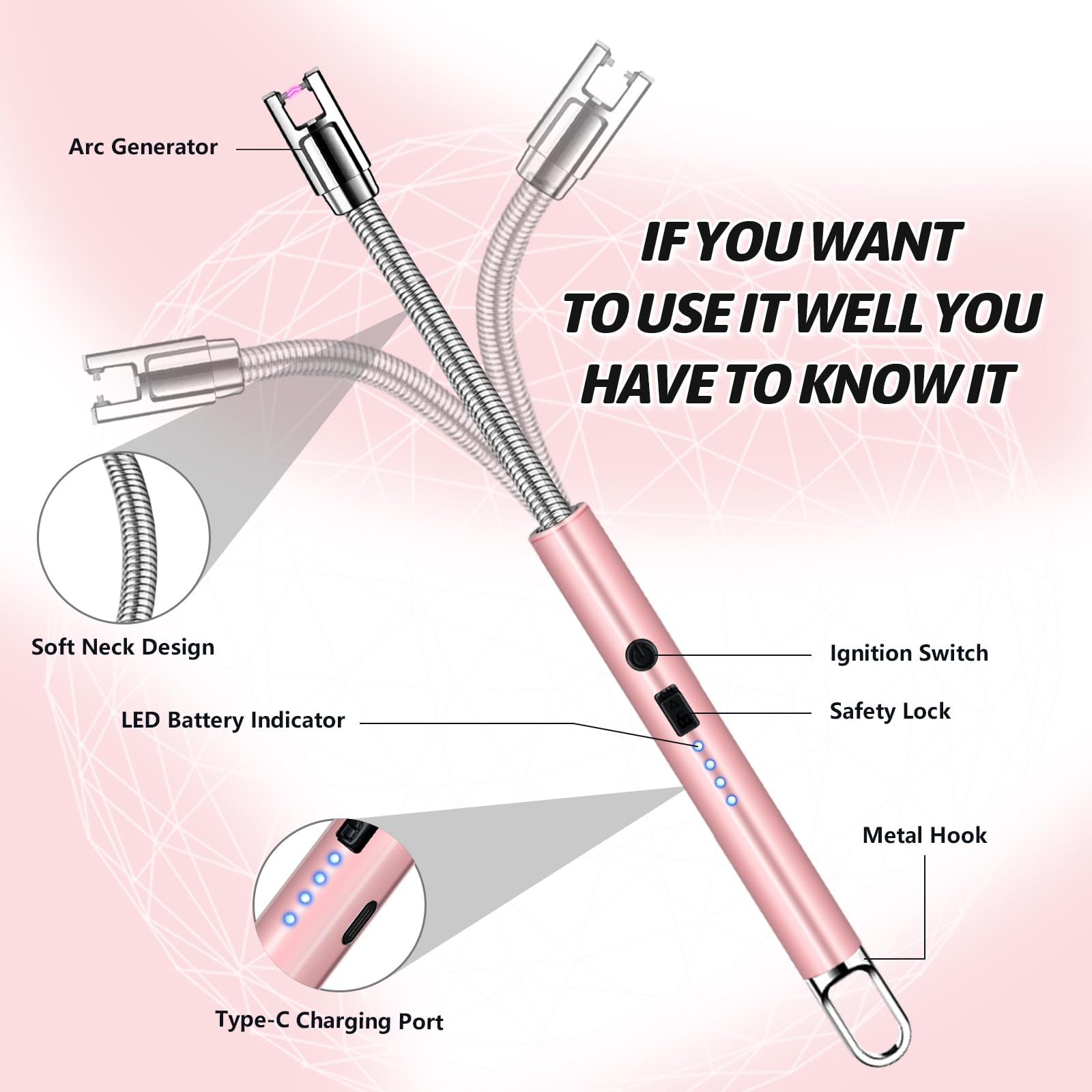Jamestry 2 PCS Electric Lighter, Pink Candle Lighter Arc Windproof Fla - View 5