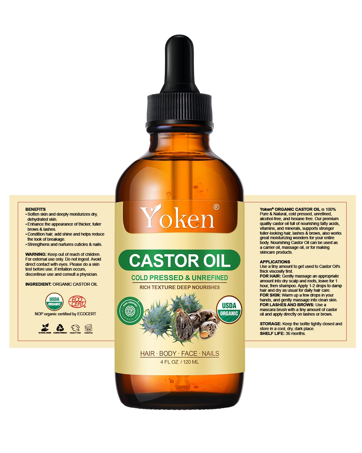 Yoken USDA Organic Castor Oil 4oz in a roller bottle, natural cold-pressed moisturizer for skin hydration and nourishment.