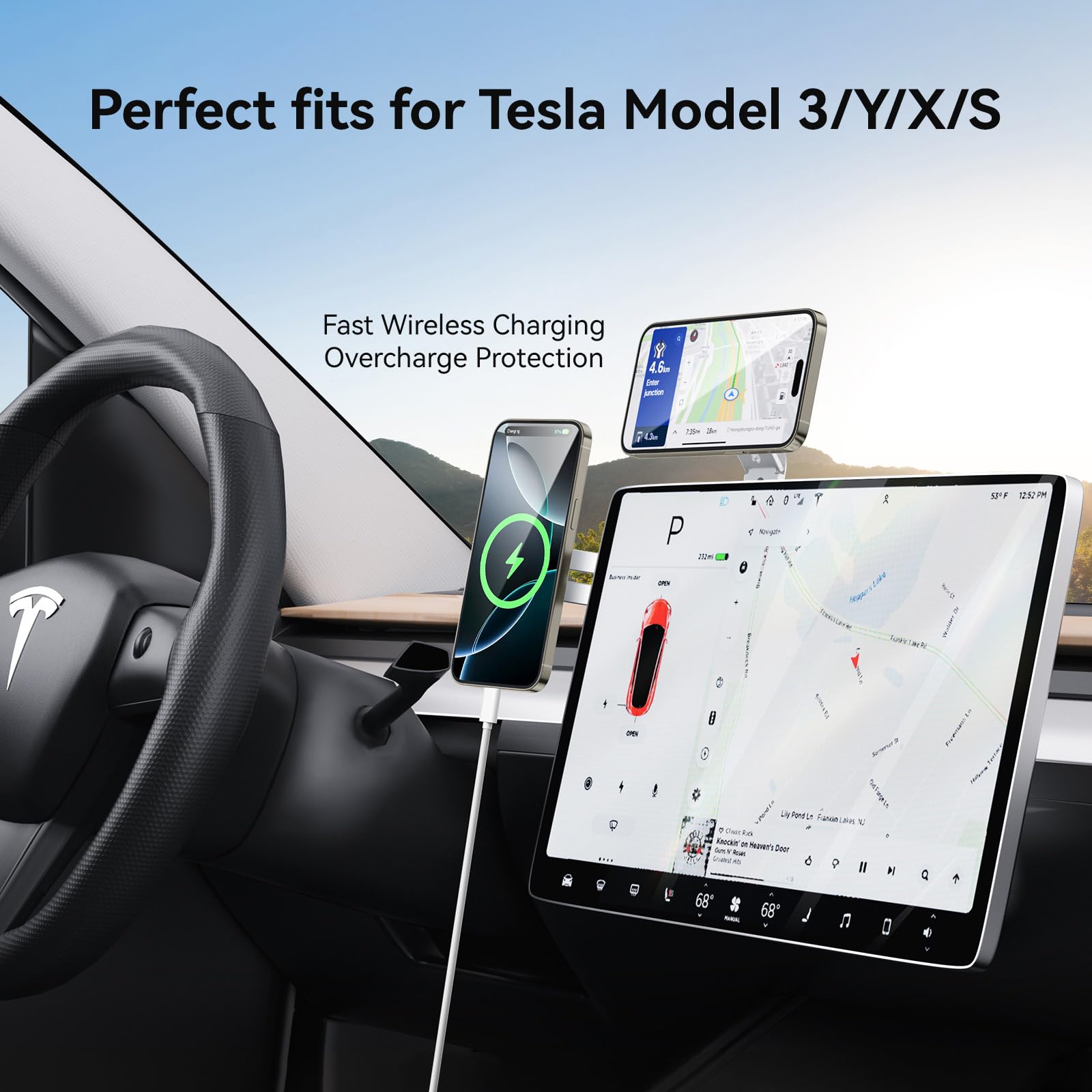 MAGDIGITEH Laptop Phone Holder, Magnetic Phone Stand 15W Fast Wireless Charger for MagSafe for iPhone 17/16/15/14/13/12 & All Phones for Tesla (Silver)