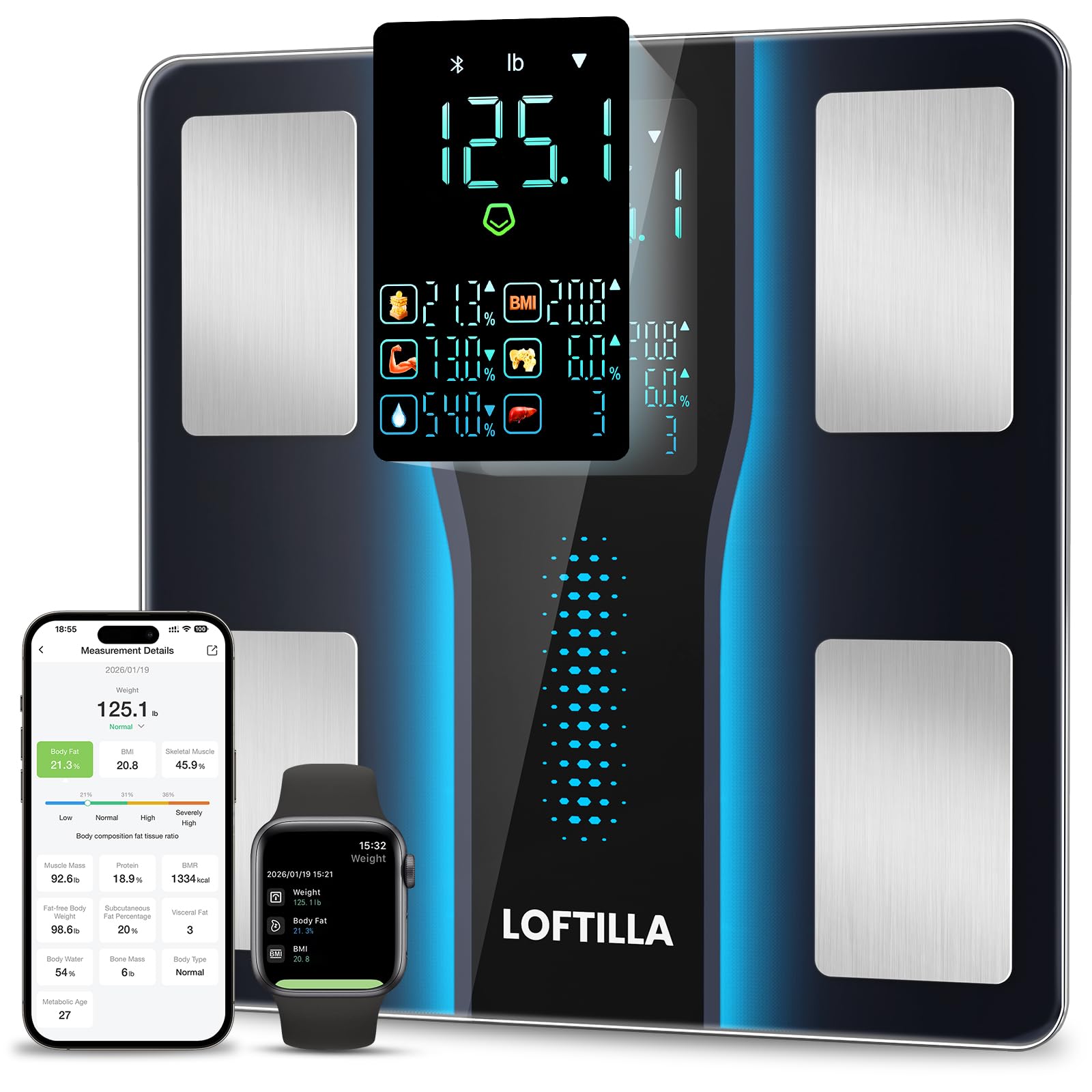 LOFTILLA Smart Scale with BMI, Body Fat, Muscle Mass, 8-in-1 Display - LOFTILLA Official Product View 2