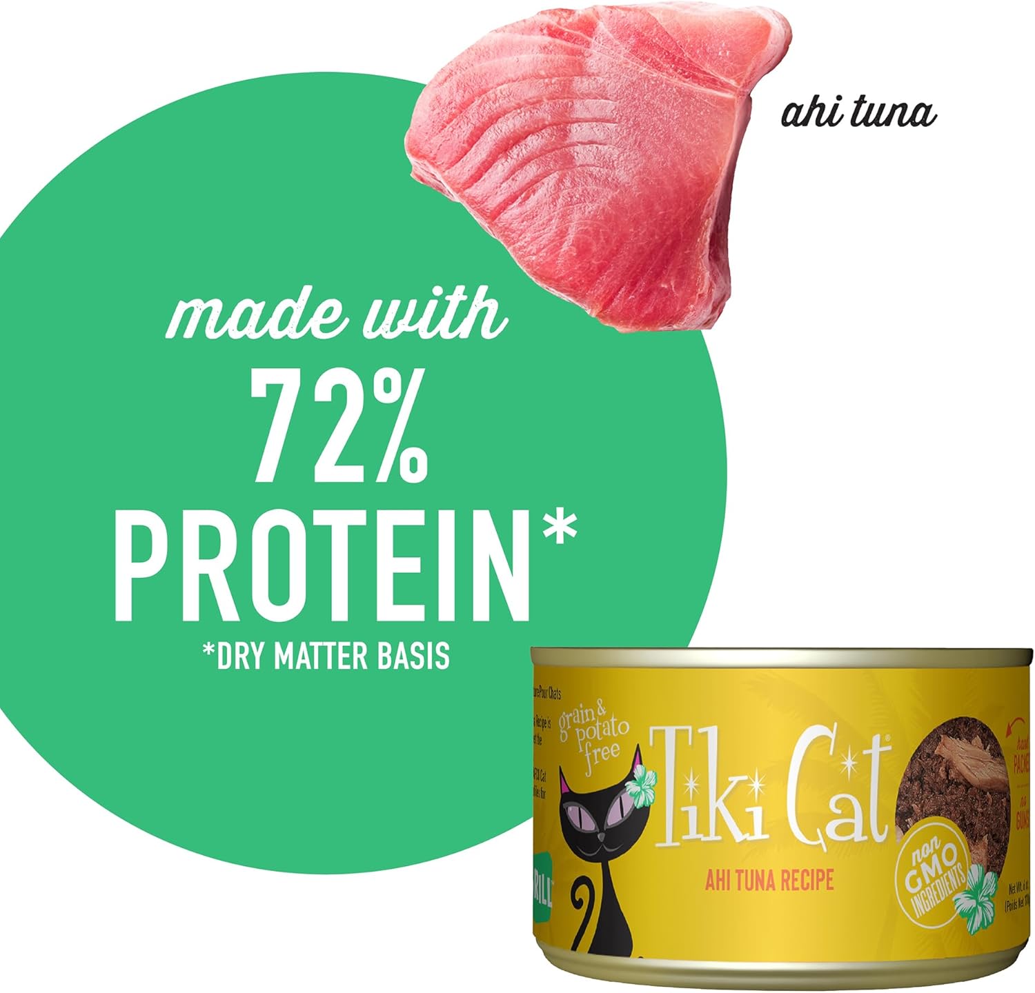 Six 6 oz. cans of Tiki Cat Grill Ahi Tuna wet cat food with high protein and non-GMO ingredients, shown in the image.