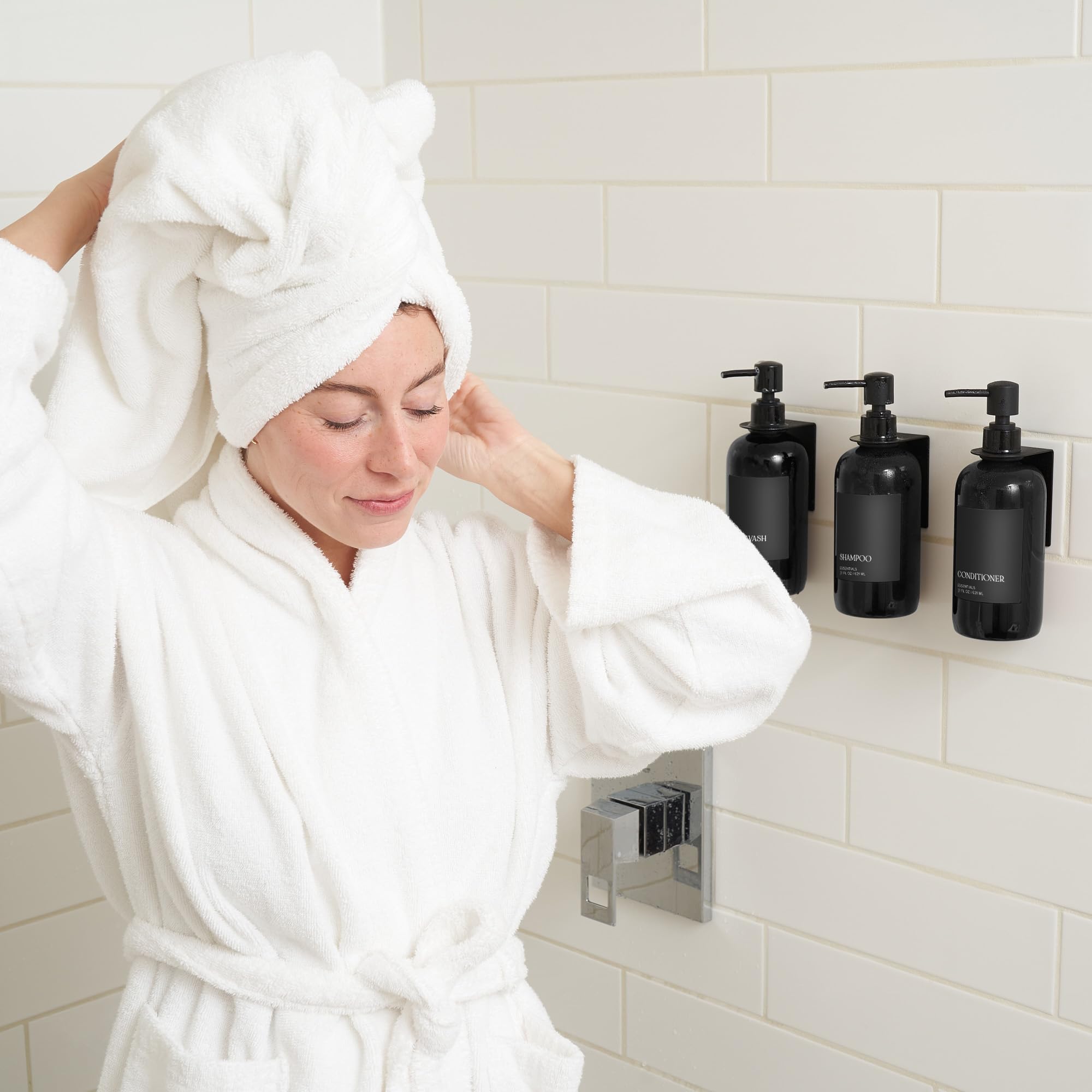 KIBAGA Stylish Shampoo & Conditioner Dispenser Set of 3 - Wall Mount, Drill Free - KIBAGA Official Product View 2