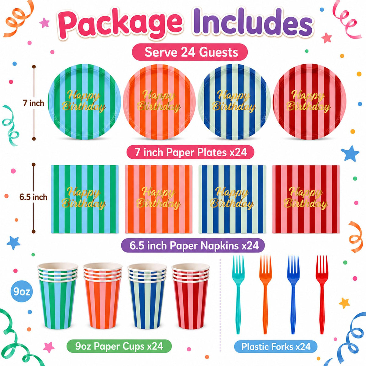 200Pcs Colorful Striped Birthday Party Supplies 7 Paper - Afniimyapt Official Imagery - 4