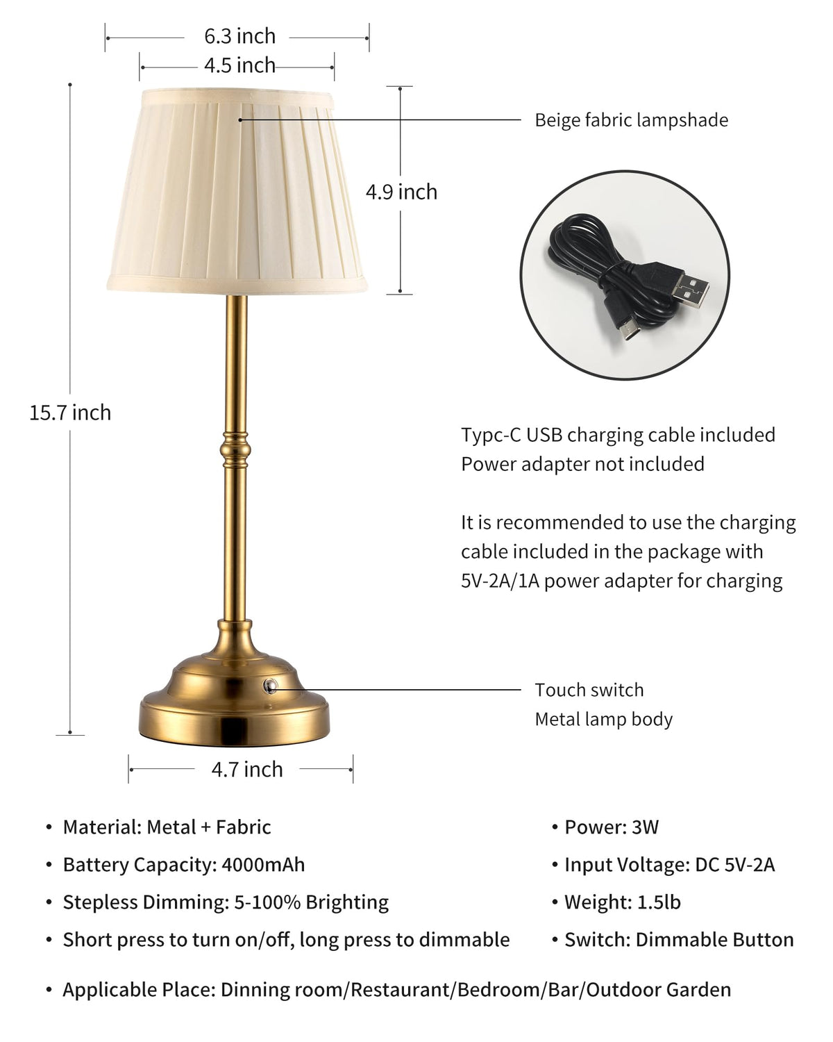 KDG Gold Cordless Portable LED Table Lamp Beige Fabric Shade - KDG Official Imagery - 6