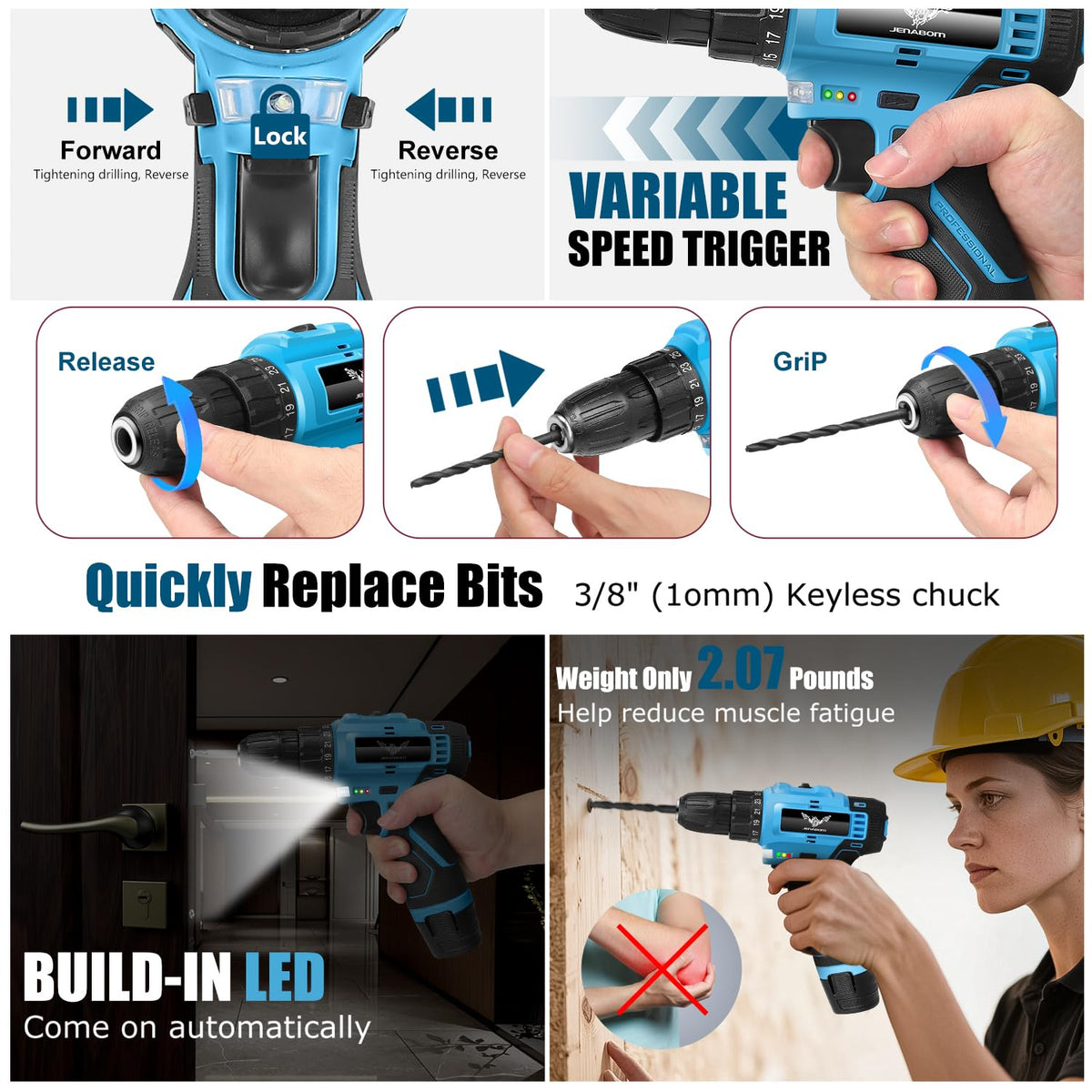 Tool Set 146 Piece Home Tool Kit with 12V Blue Cordless - JENABOM Official Imagery - 5