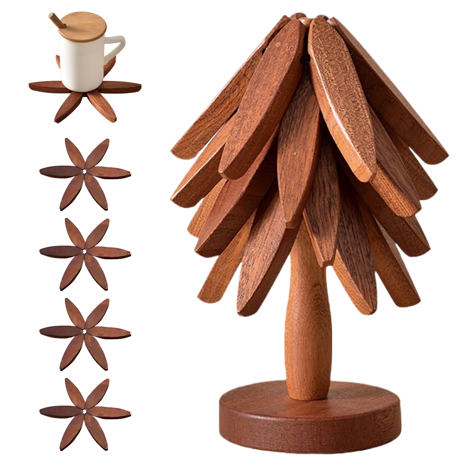 OFCTE Wooden Trivets for Hot Dishes, Tree Shape Trivet Set, 4 Walnut W - View 1