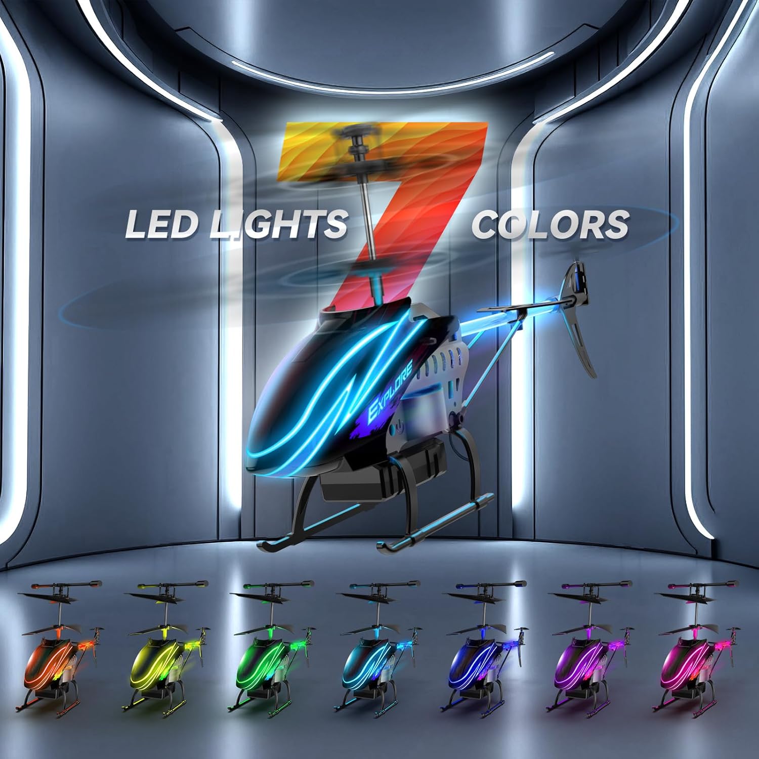 BUSSGO RC helicopter for kids with remote control, twin batteries, and 30-minute flight time, featuring colorful helicopter design