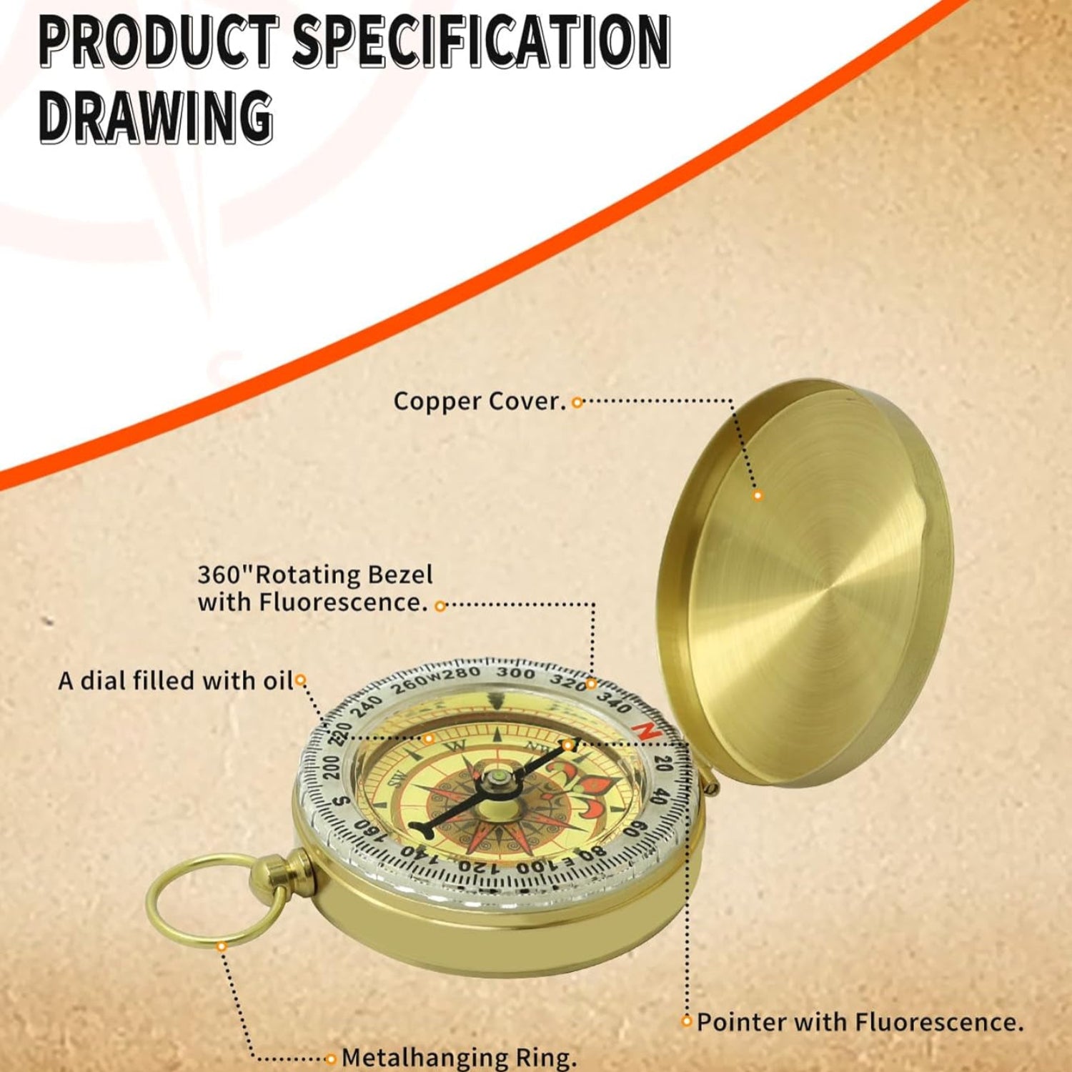 Waterproof brass compass with large dial for hiking, survival, and navigation by SustainaNest, showing detailed directional markings.