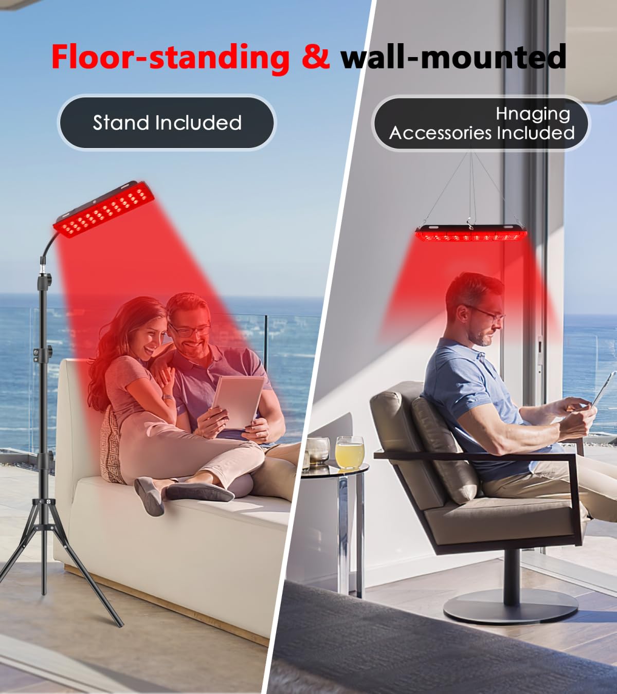 Astarexin red light therapy panel with stand emitting 660nm and 850nm wavelengths for health and skin treatment.