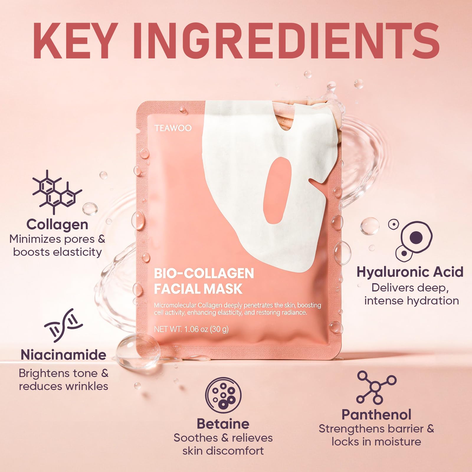 Bio-Collagen Facial Mask 8 EA, Hydrating &amp; Soothing Hydrogel - TEAWOO
