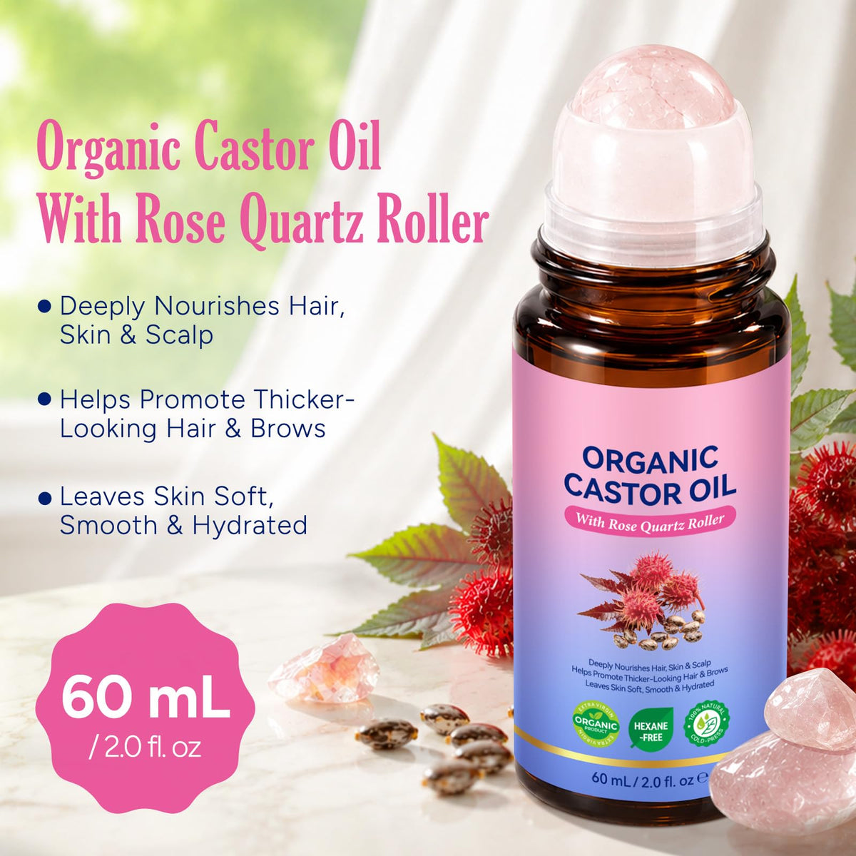 2PCS Castor Oil Rose Quartz Roller Ball Organic Castor Oil - FANSHI Official Imagery - 3
