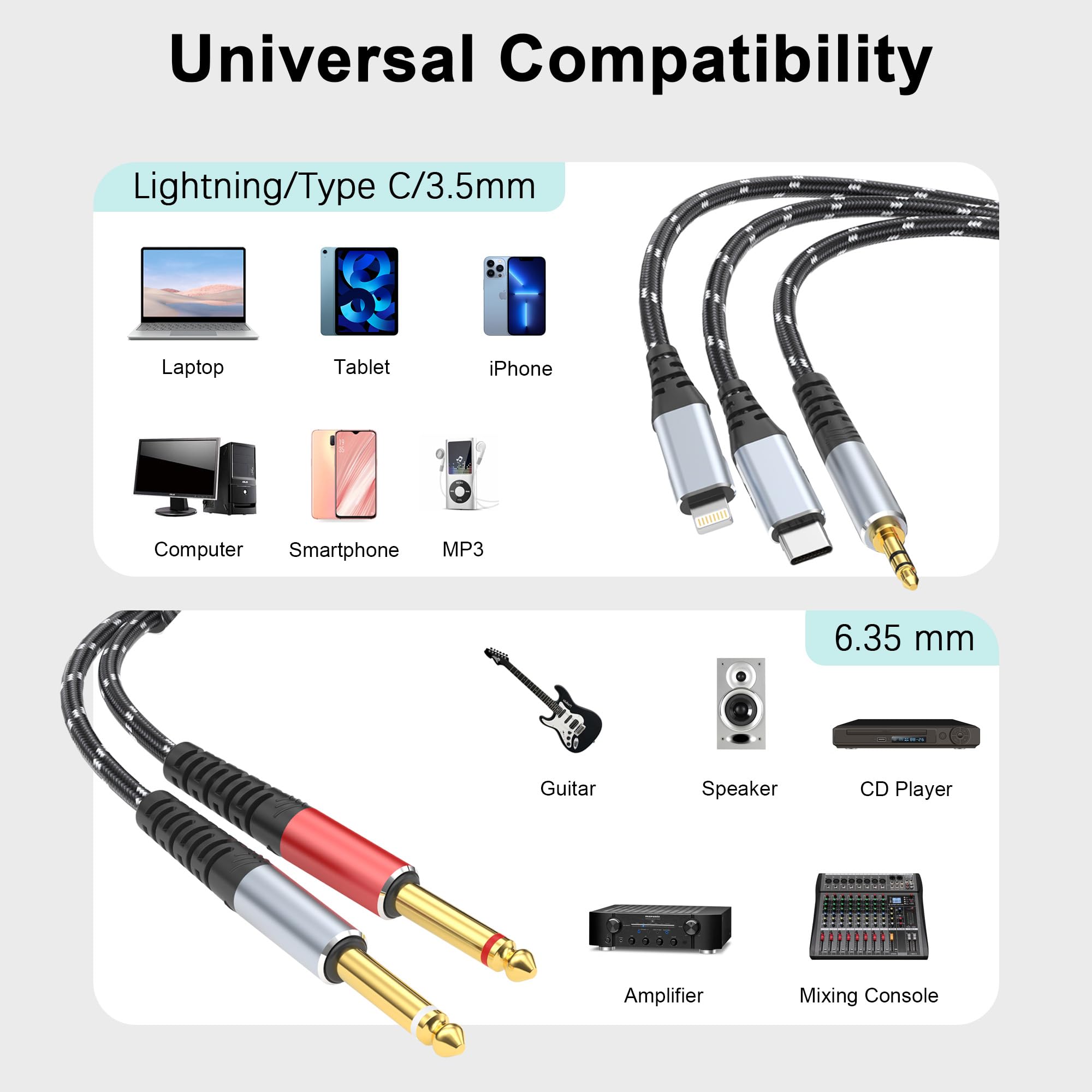 DCNETWORK Lightning to Dual 6.35mm 1/4" TS Mono Stereo Y-Cable Sp by DCNETWORK - Angle View 3
