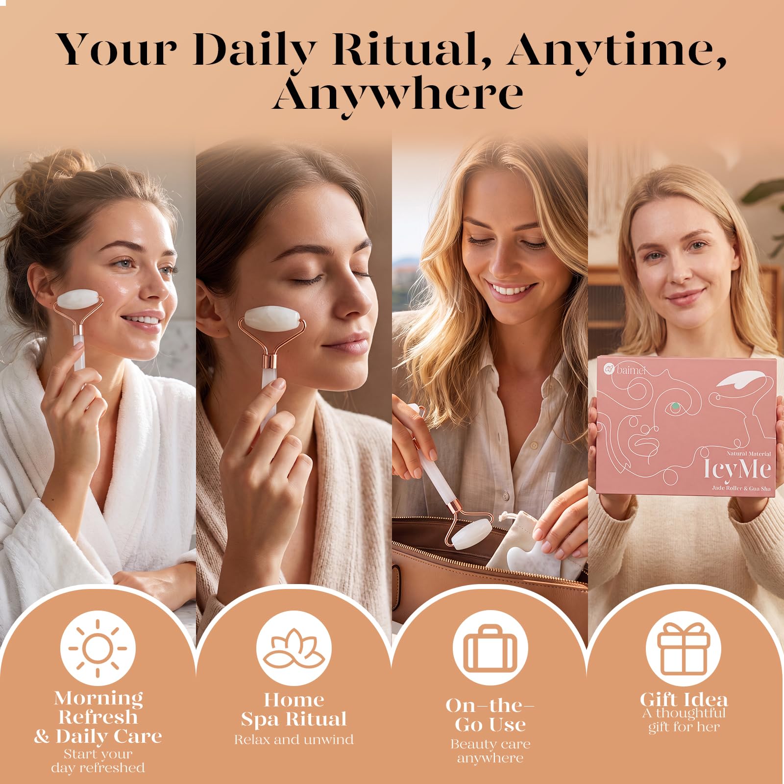 BAIMEI IcyMe Jade Roller & Gua Sha Facial Tool Set for Face Depuffing