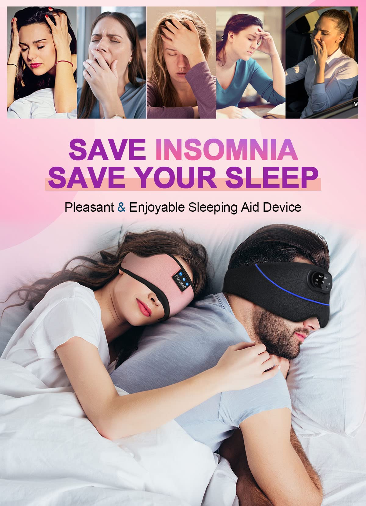 TOPOINT Sleep Mask Headphones Bluetooth 5.2 Wireless, Blackout Eye Mask for Wome - TOPOINT Official Product View 6