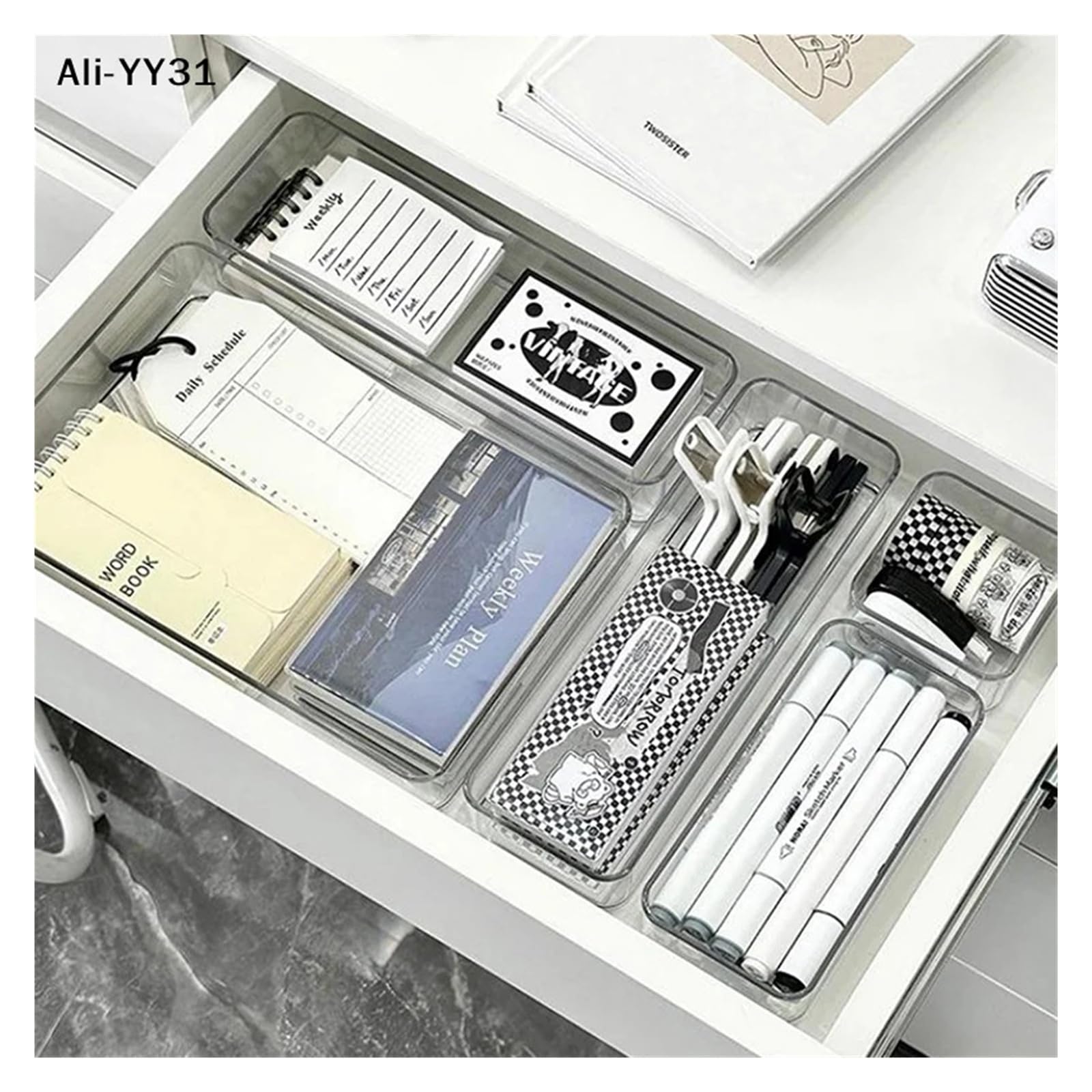 Clear acrylic stackable caddy with adjustable dividers for cosmetics and makeup storage, modular organizer tray.