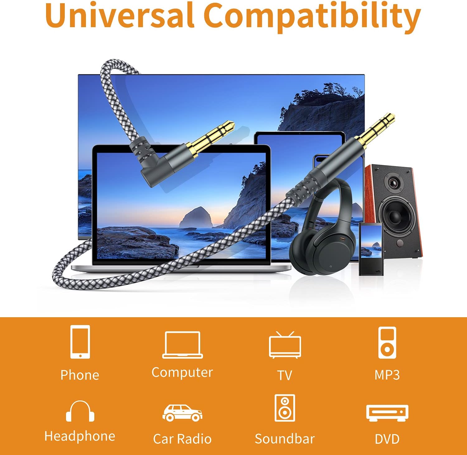 MCSPER 2-pack 6.6ft TRS auxiliary cables with 90-degree right-angle 3.5mm connectors, ideal for audio device connections