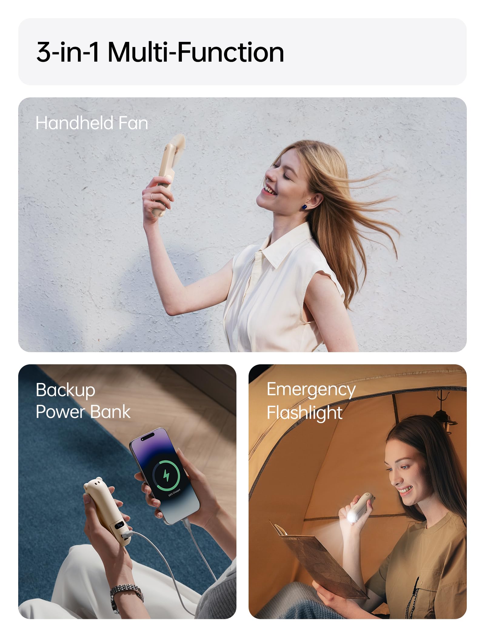 JISULIFE Portable Handheld Fan, 3 In 1-Fan, Power Bank, Flashlight, Br - View 2