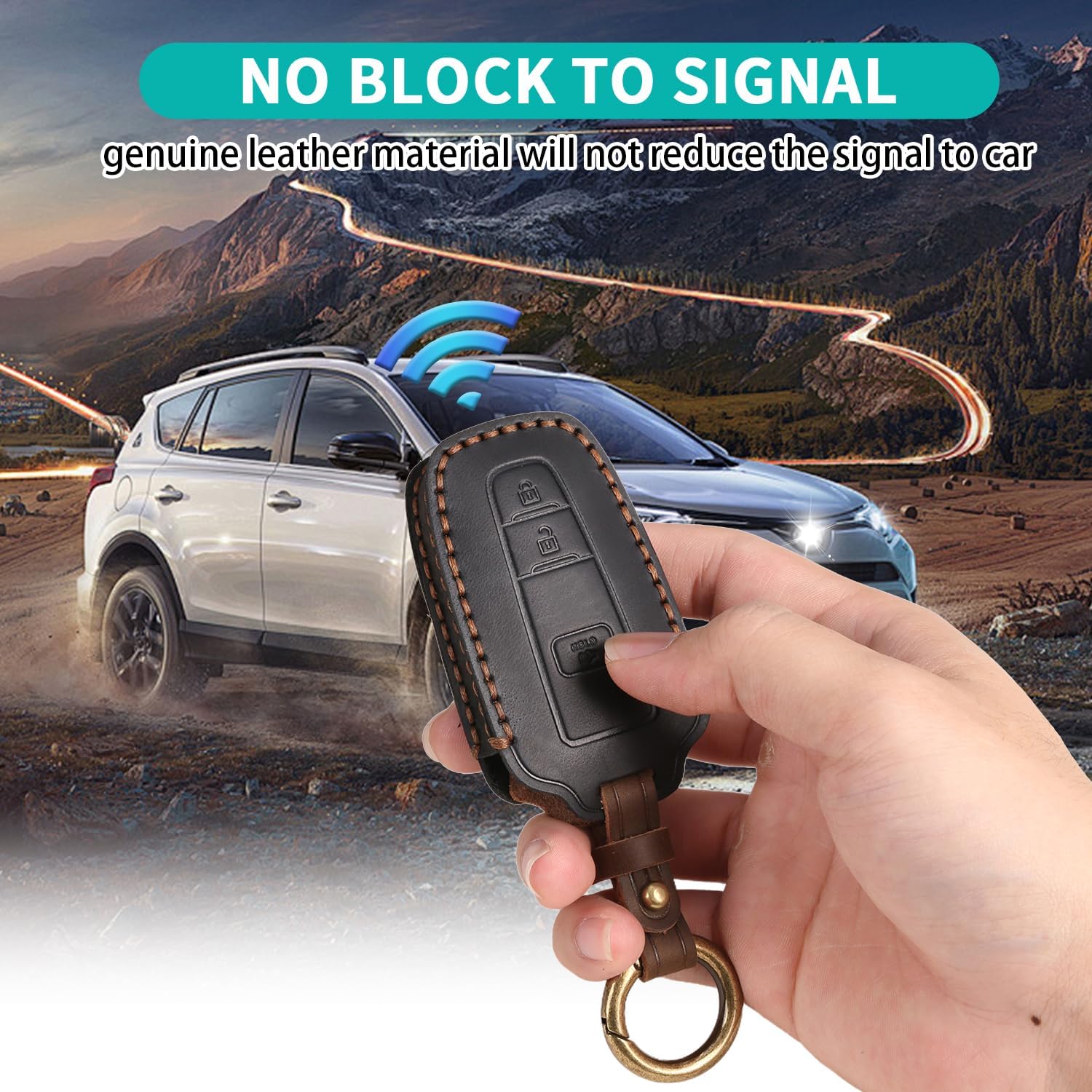 Genuine leather key fob cover for Toyota 4Runner, compatible with key case shell by MILD EAST, showcasing the sleek exterior design.