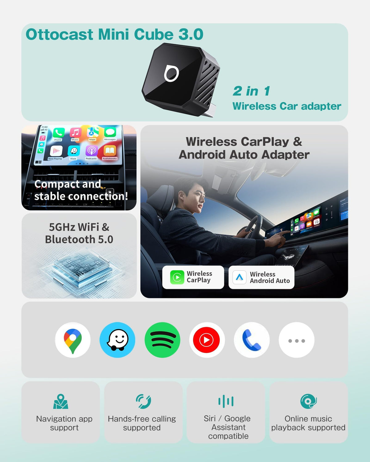 OTTOCAST Mini 2 in 1 Wireless CarPlay Android Auto Adapter - OTTOCAST Official Imagery - 6