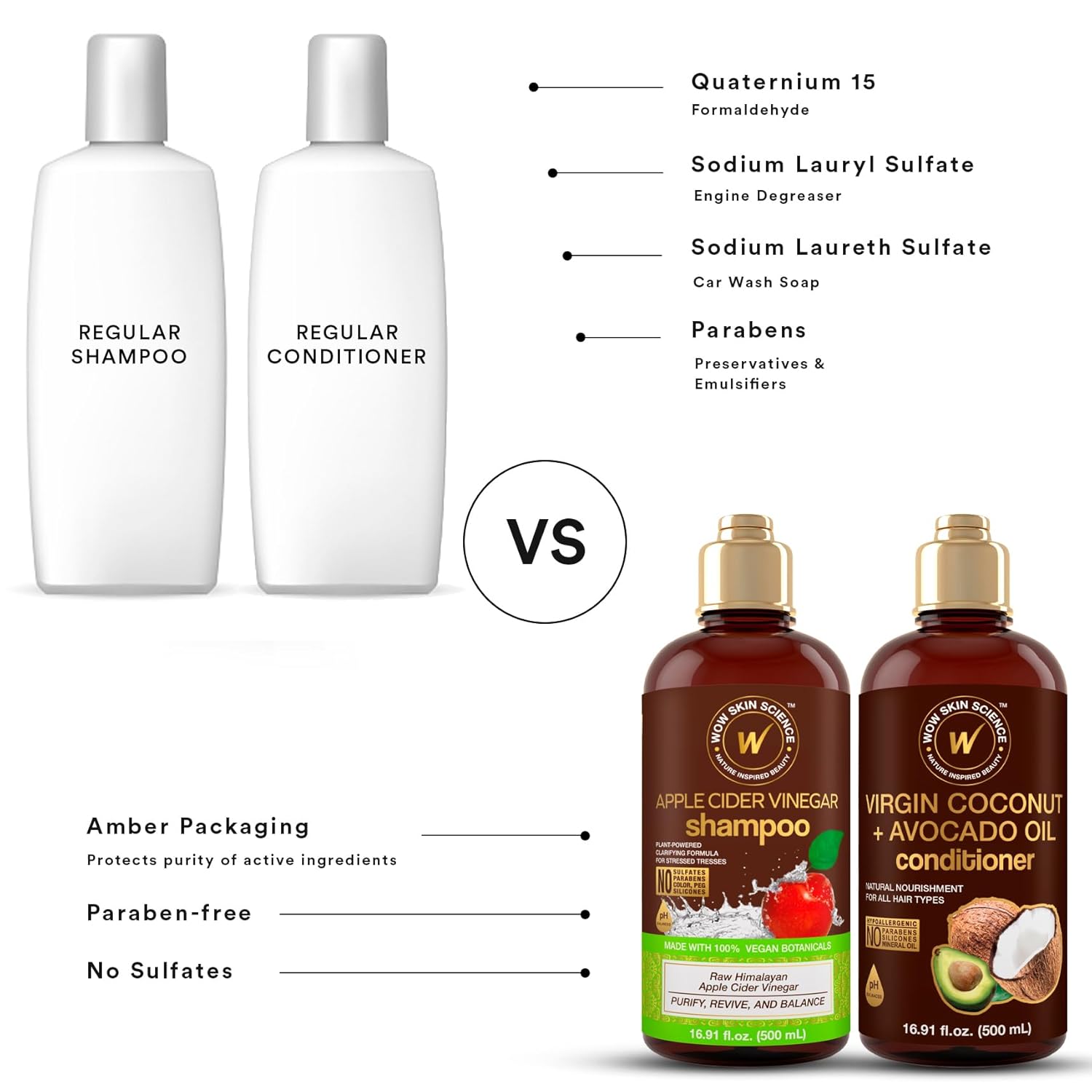 WOW Skin Science apple cider vinegar shampoo and coconut avocado oil conditioner duo, 16.9 oz bottles, for healthy hair.