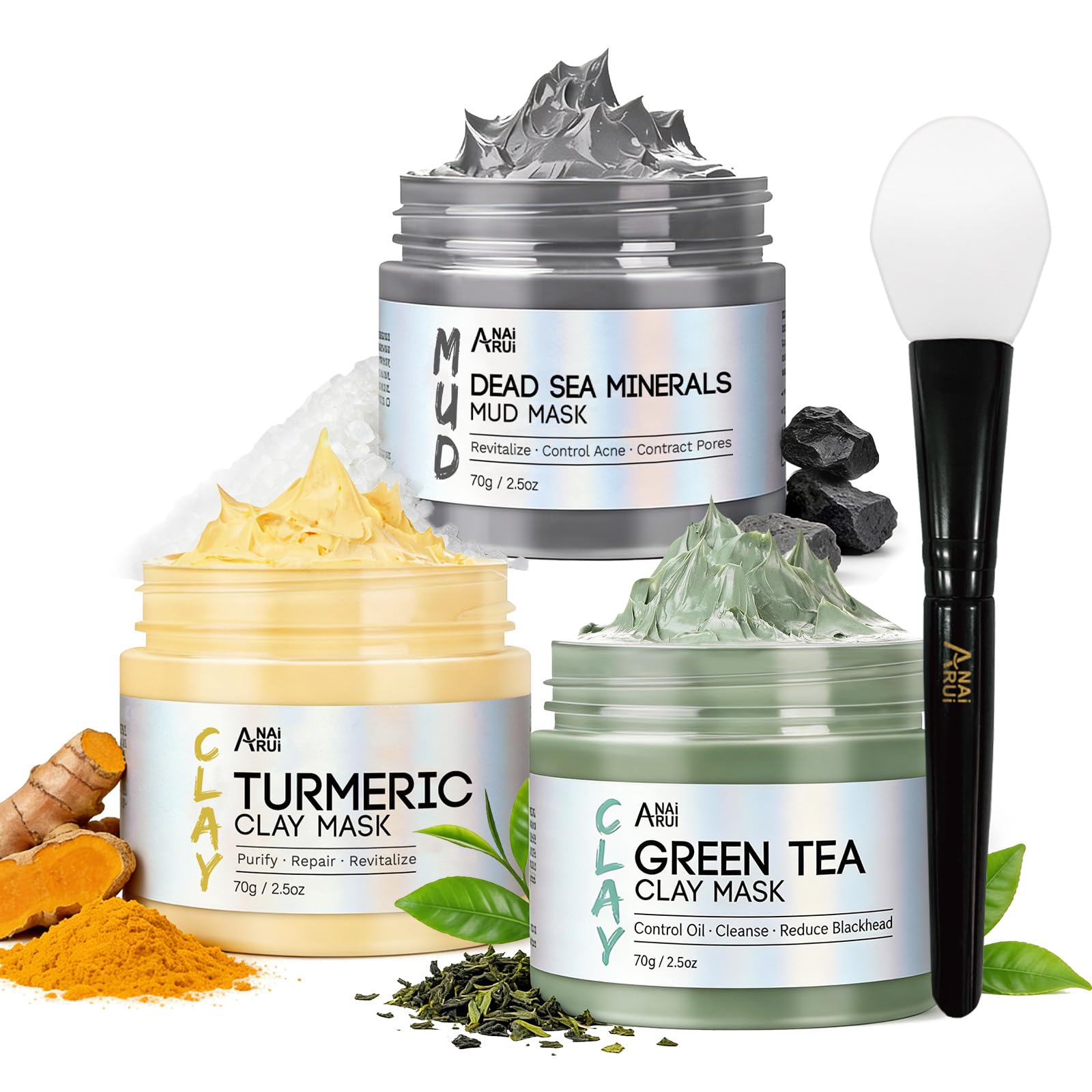 ANAI RUI 3-Pcs Face Mask Set -Turmeric, Green Tea, Dead Sea 2.5 - Product Imagery