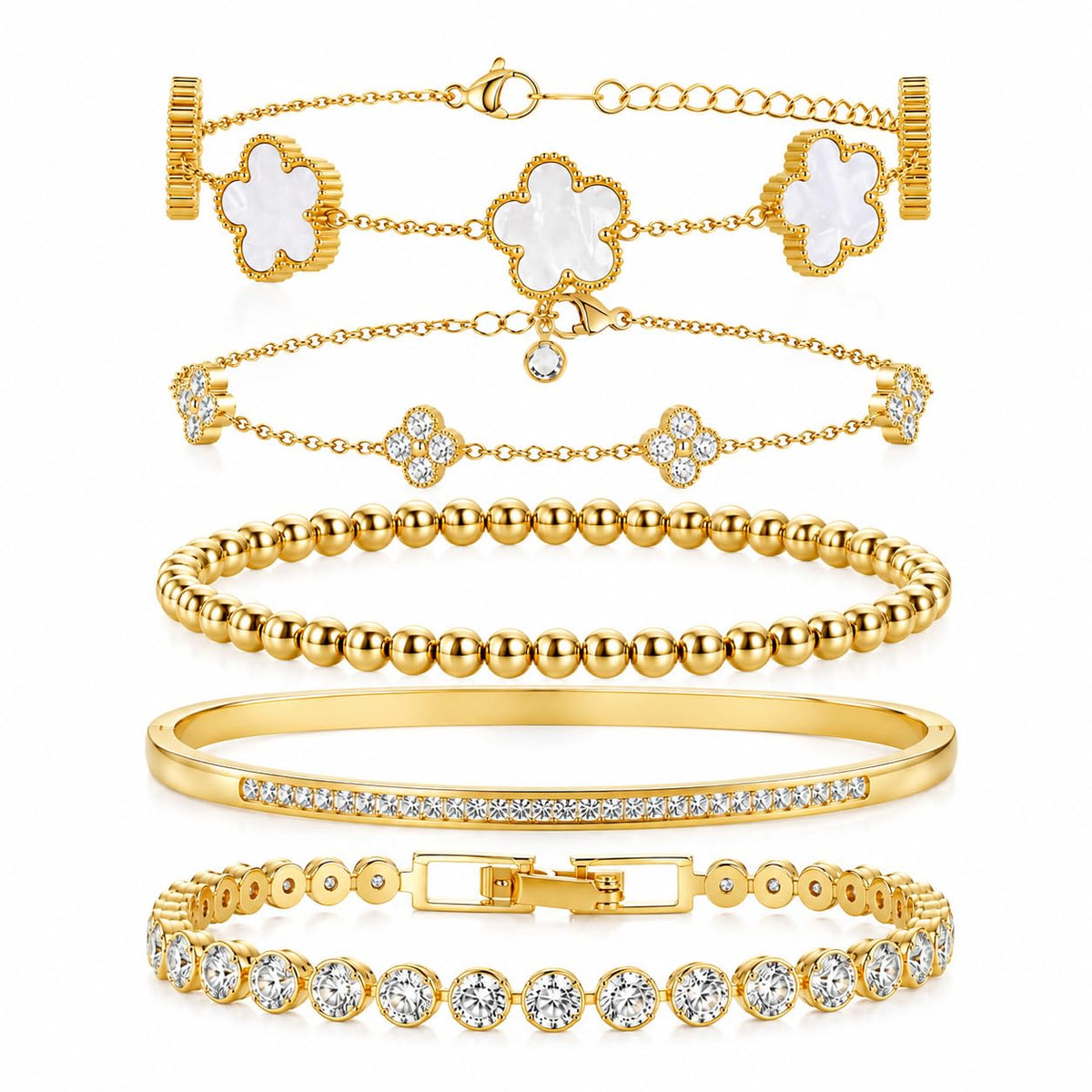 18K Gold Plated Clover Bracelet Set for Women - SLYSZMC Official Imagery - 2