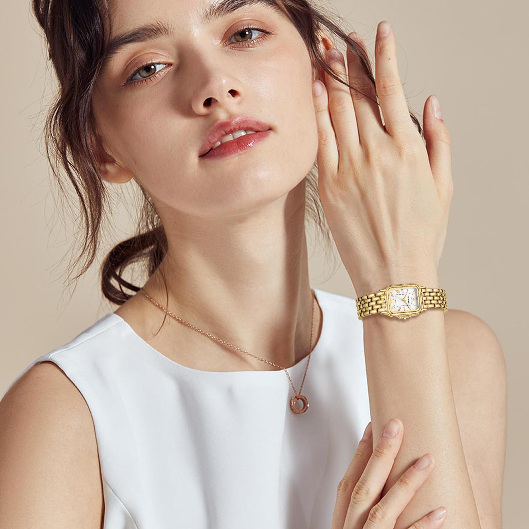 CHEETAH Gold Watches for Women with Vintage Rectangular Case,26mm Case Diameter,Gold Roman Numerals,Metal Steel Band,3ATM Waterproof