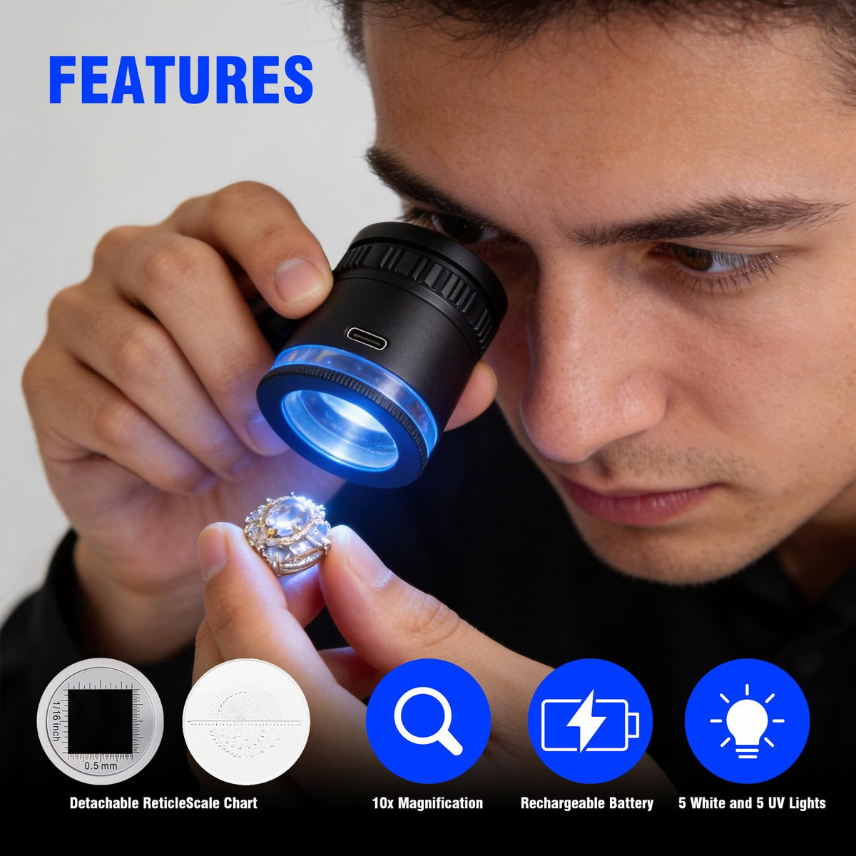 LED Scale Loupe Magnifier 10x Rechargeable with UV UV Lights - Dasourypro Official Imagery - 3