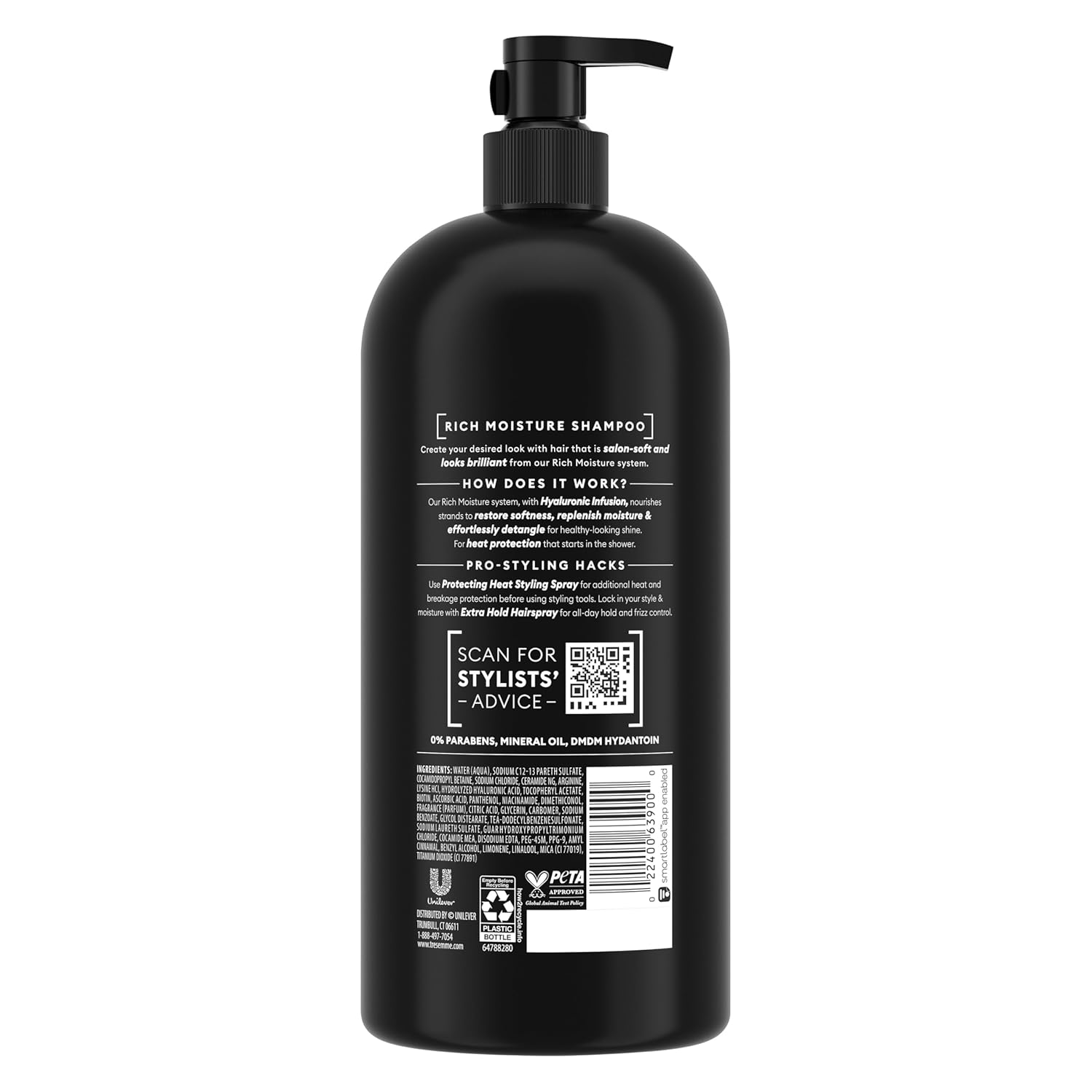 Elefair TRESemmé Rich Moisture Hydrating Shampoo with Pump, 4-pack, showing bottles with labels for dry hair care