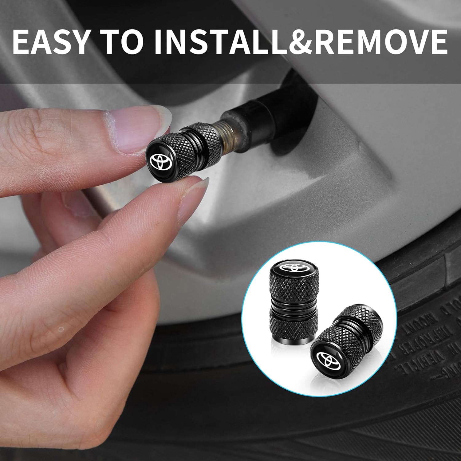 Set of four black Xpress Sports tire valve stem cap covers with O-ring seals, corrosion-resistant car accessories for Toyota tires