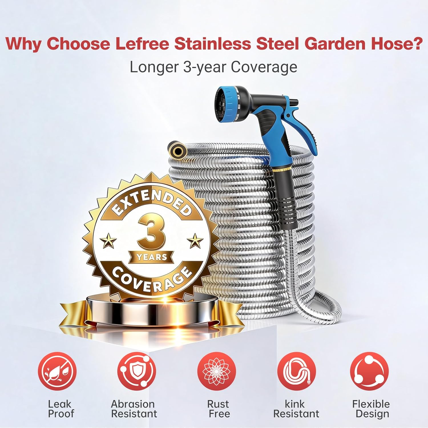 Lefree 100ft heavy-duty stainless steel garden hose with flexible metal design and brass fittings for outdoor watering.