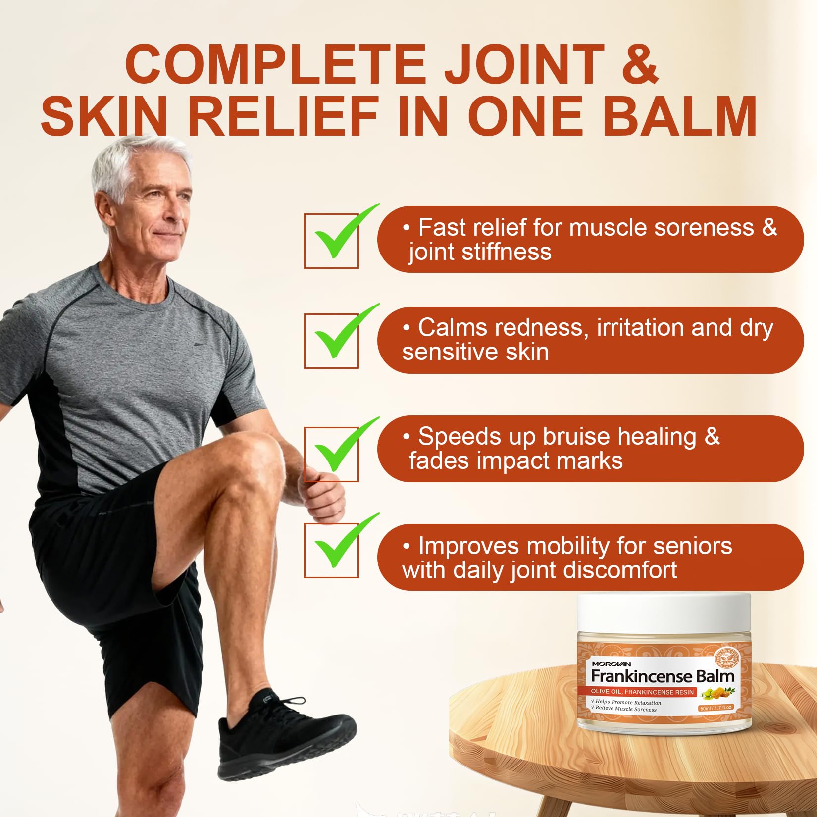 Morovan Frankincense Bruise Balm for joints and skin, a skin moisturizer in a container with a label featuring frankincense ingredients.