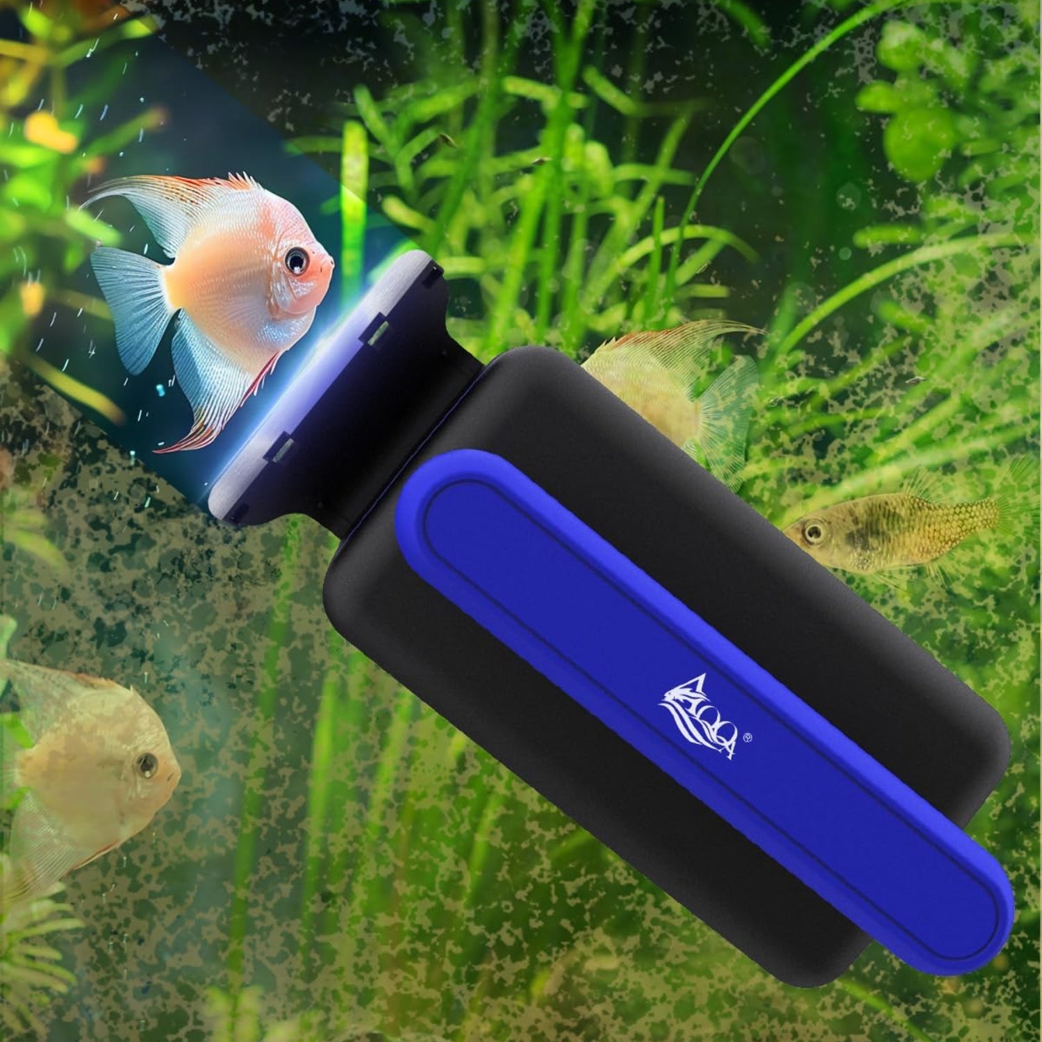 AQQA Magnetic Aquarium Fish Tank Glass Cleaner with dual blades for algae removal on clear glass tank surface.