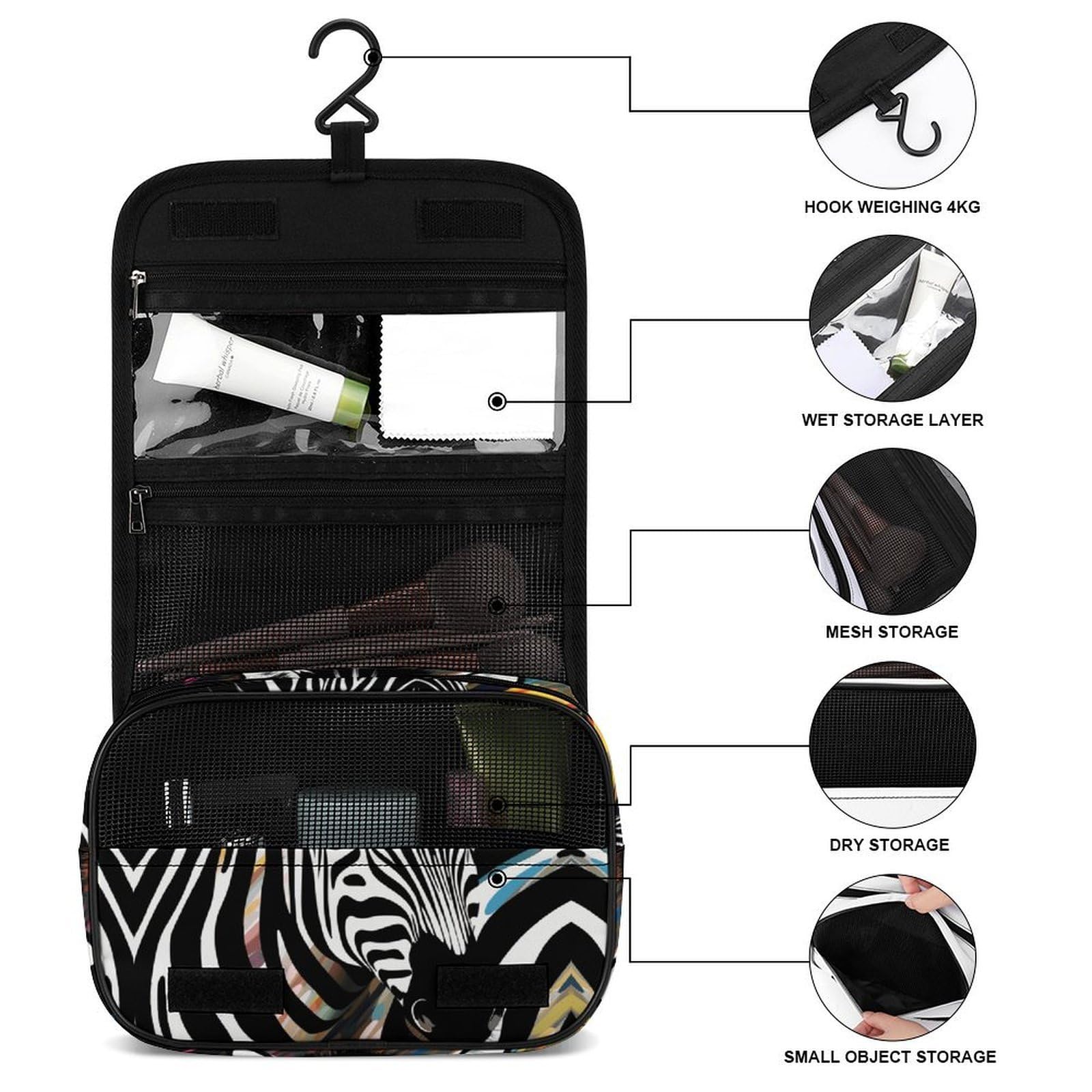 JTREHY abstract zebra print hanging toiletry bag with multiple compartments and hook, made of lightweight durable polyester for travel.