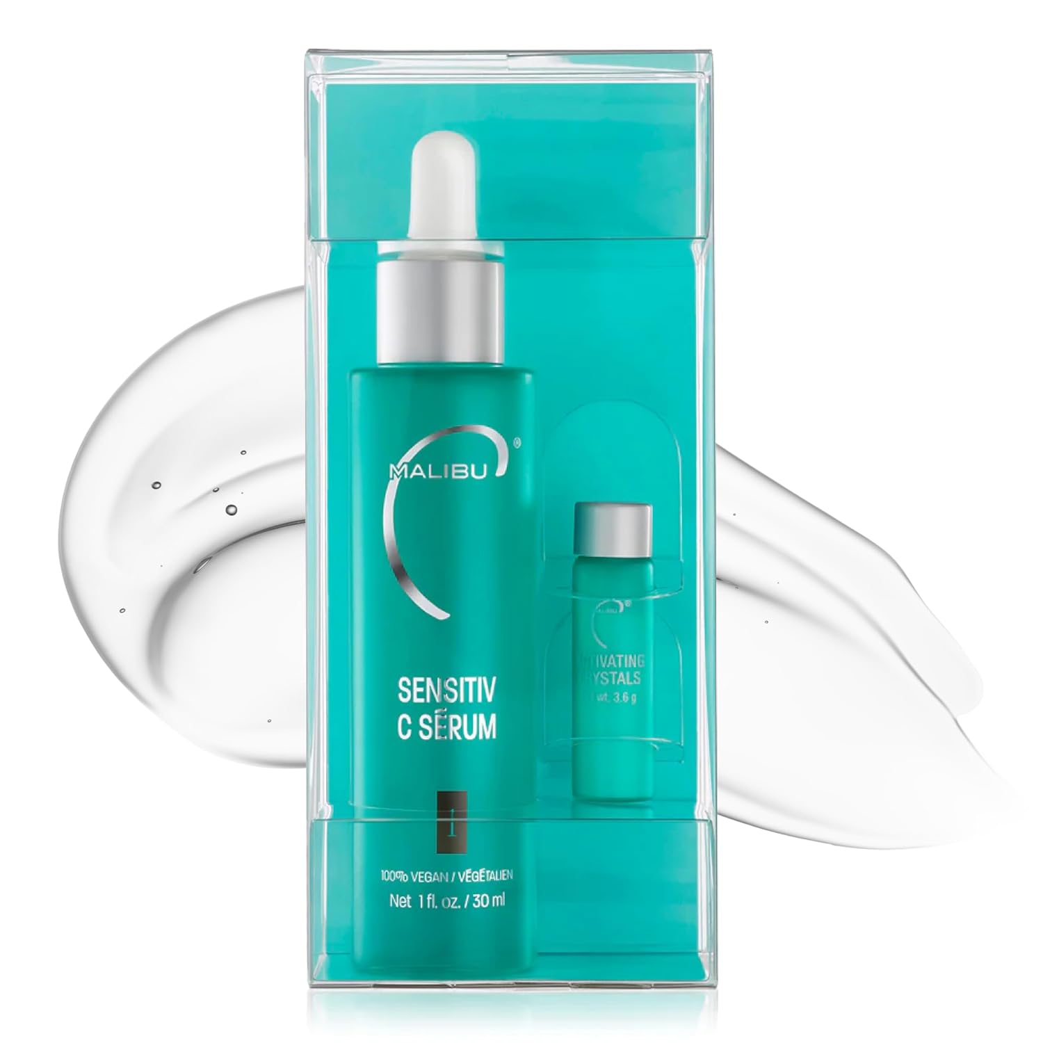 Malibu C Sensitiv C Face Serum with Vitamin C for combination and sensitive skin, featuring a clear glass dropper bottle.