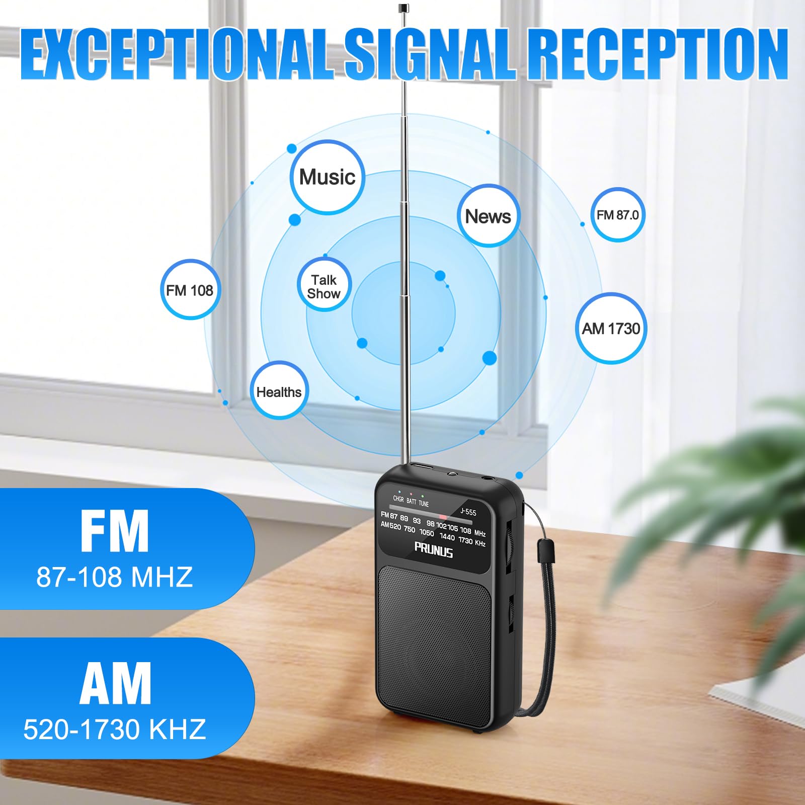 PRUNUS J-555 Pocket AM/FM Radio, USB-C & Battery, Clip
