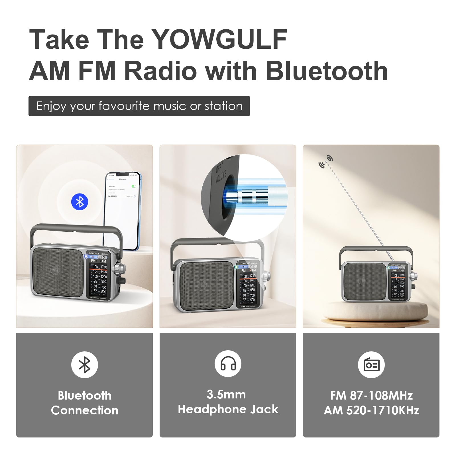 YOWGULF Portable AM FM Radio Battery or AC Power