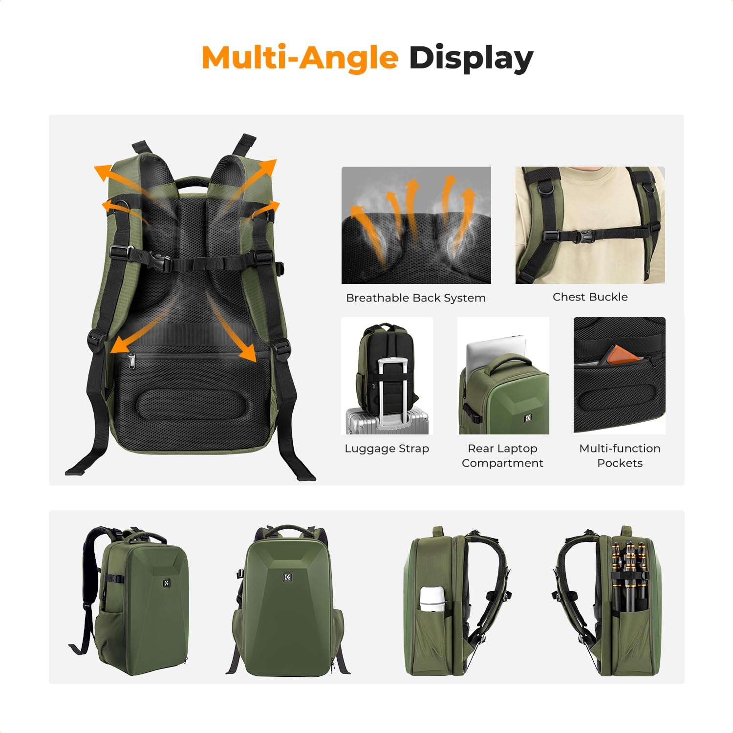 K&F CONCEPT hard shell DSLR camera backpack with padded compartments and adjustable straps for secure photography gear storage.