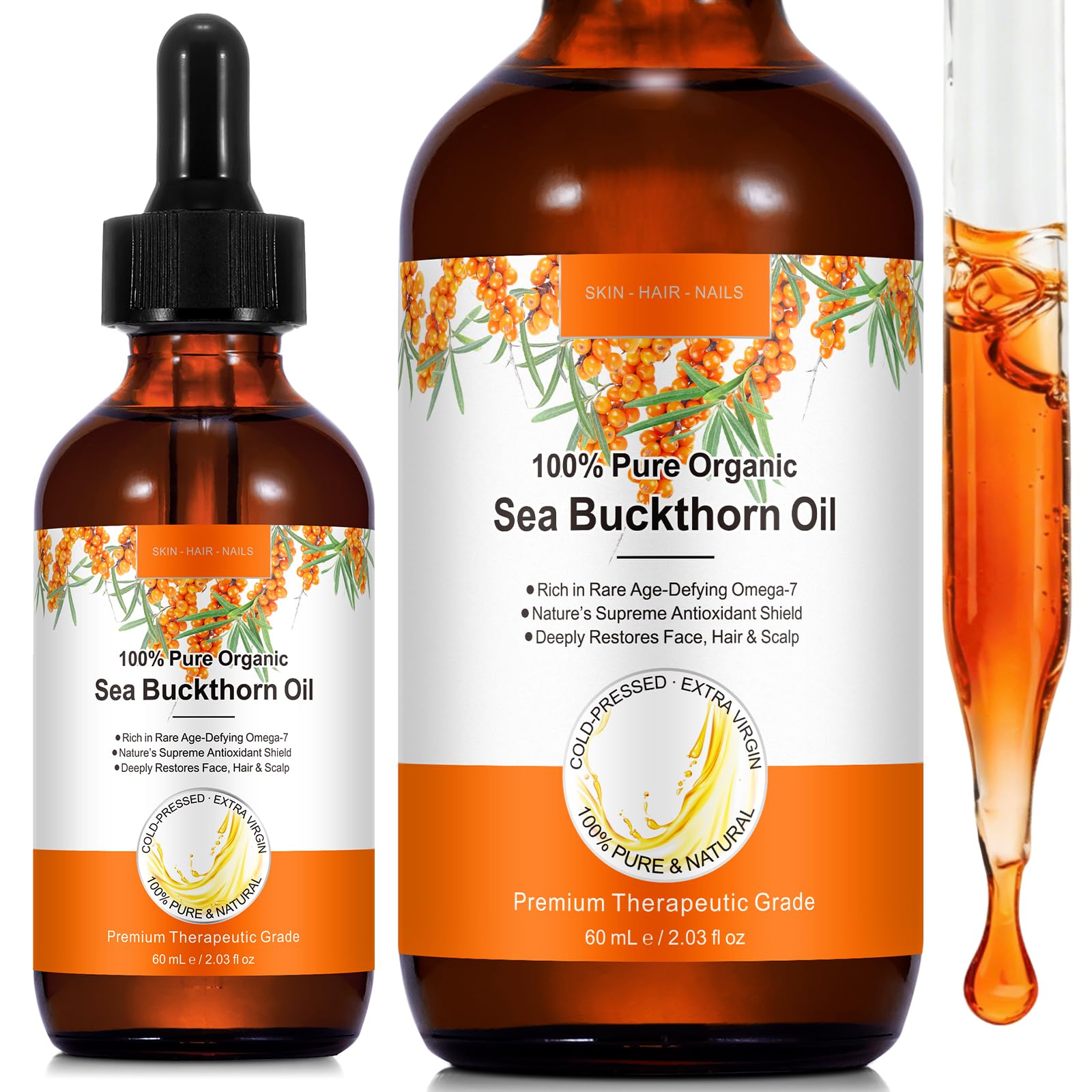 Sea Buckthorn Oil 2oz，Sea Buckthorn Oil Organic for Face & Hair - Product Imagery