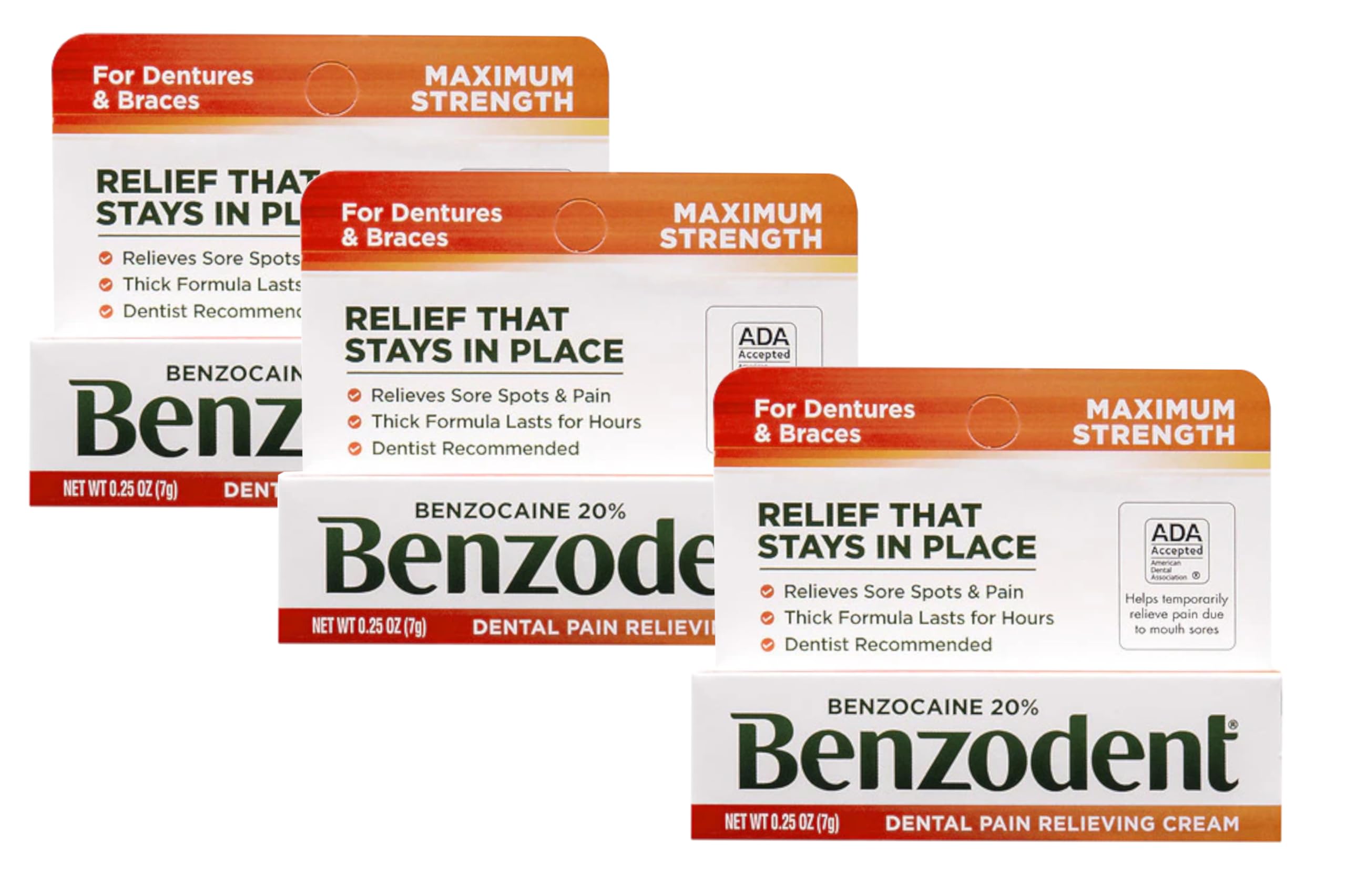 Benzodent Dental Pain Cream – Benzocaine 20%, 0.25 oz 3-Pack