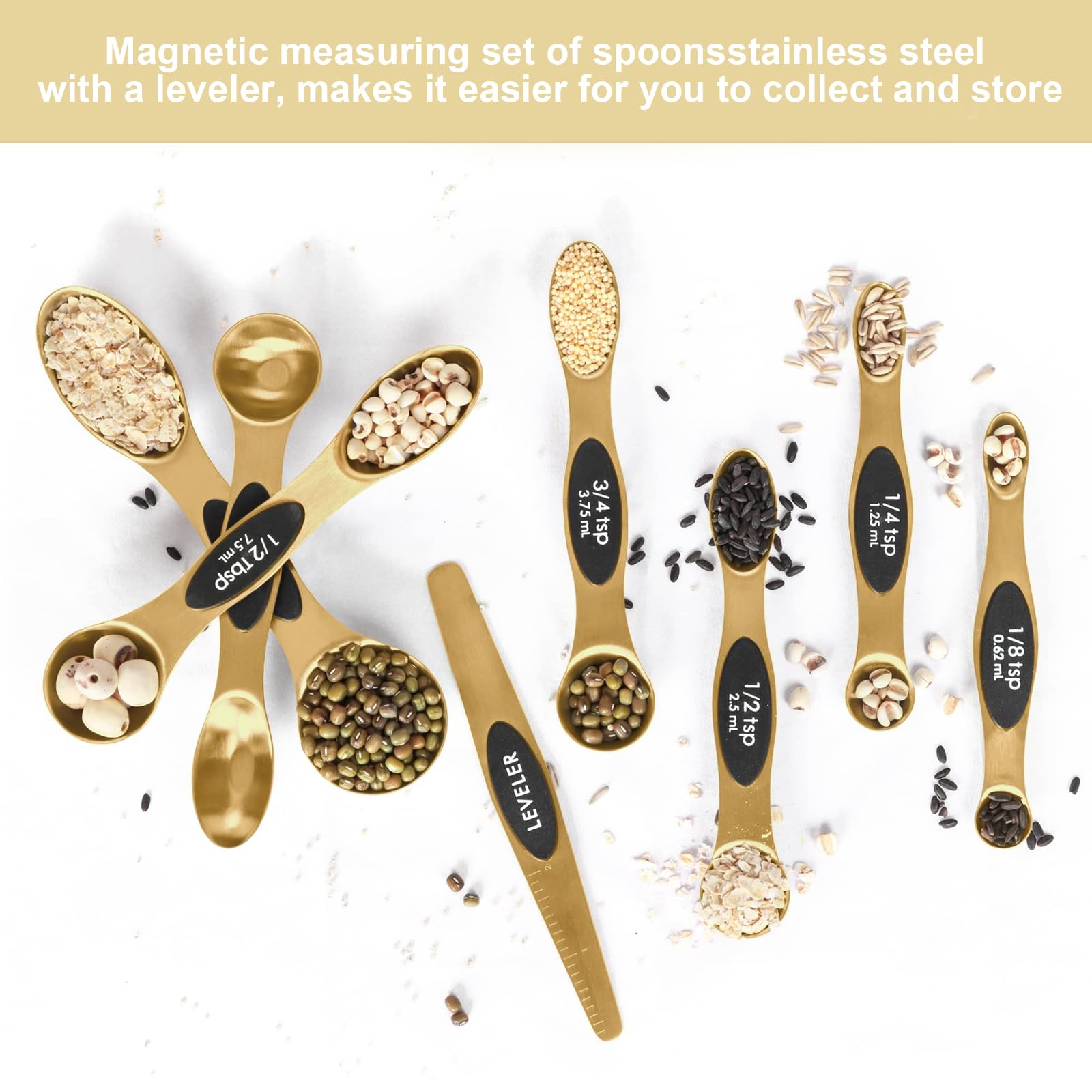 BIDFUL Magnetic Measuring Spoons Set Stainless Steel with Leveler by BIDFUL - Angle View 3