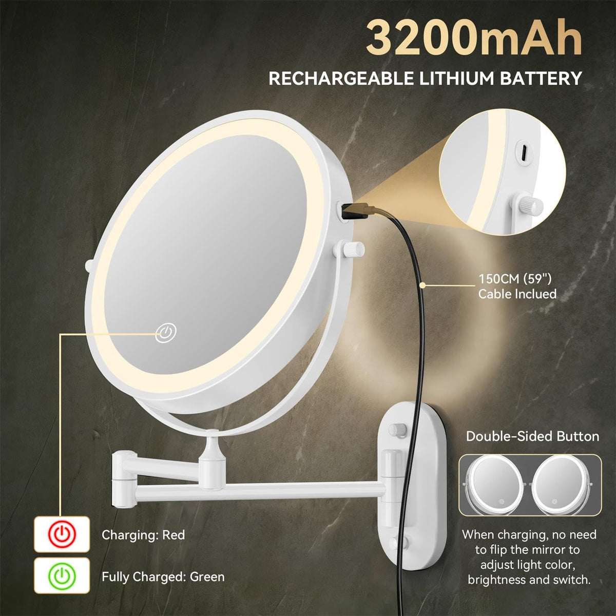 Auxmir 1X 20X Wall Mounted Makeup Mirror 8 Rechargeable - Auxmir Official Imagery - 5